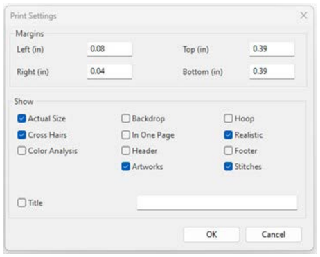 Print Settings window with margins and Show options