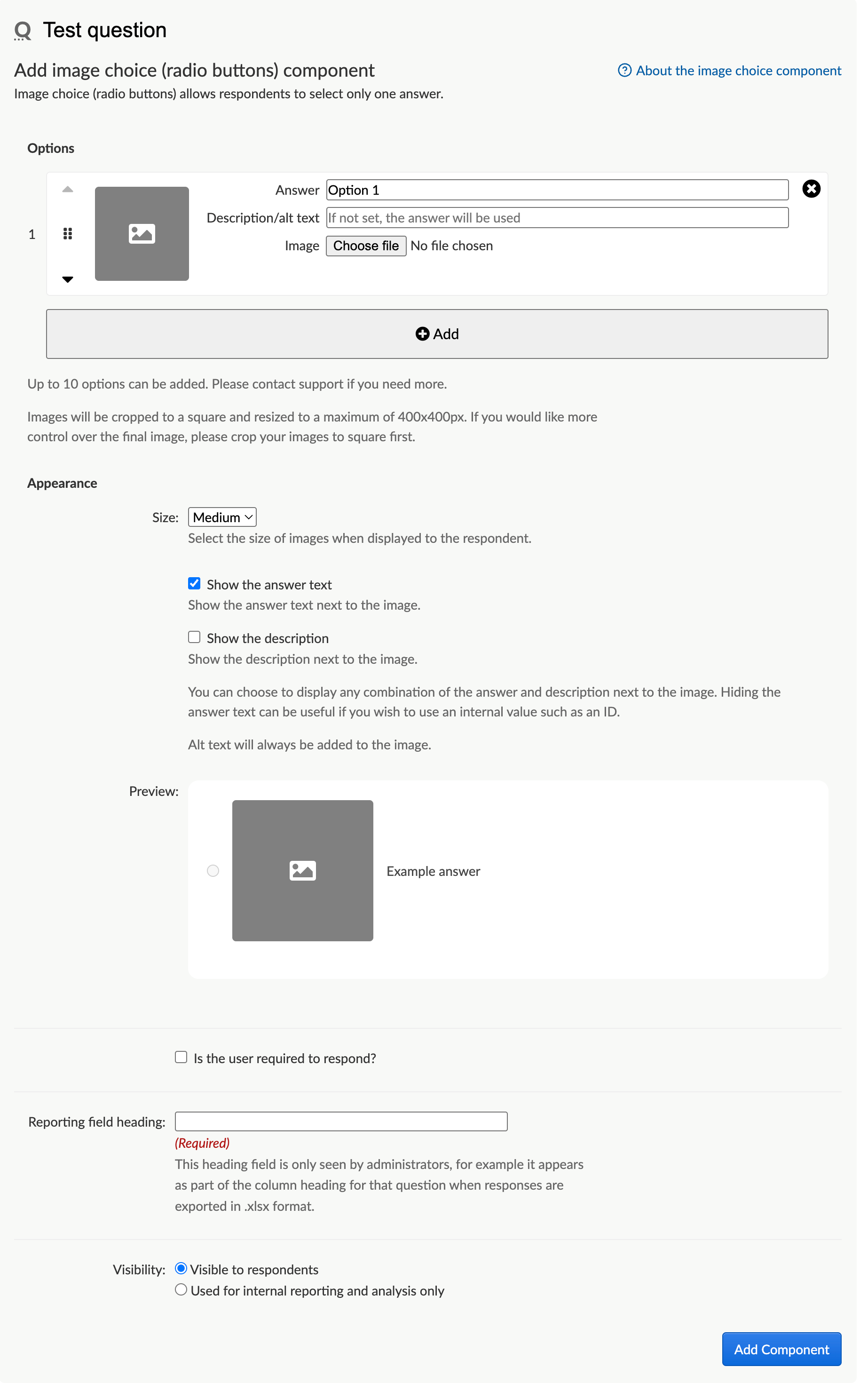 Admin screen for adding image choice answer component (radio button).