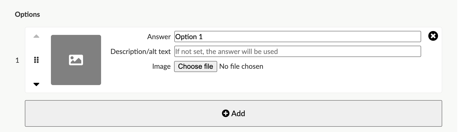Admin screen for image choice option fields including answer text field, description / alt text, and image file upload chooser with large add button to add more Image options.