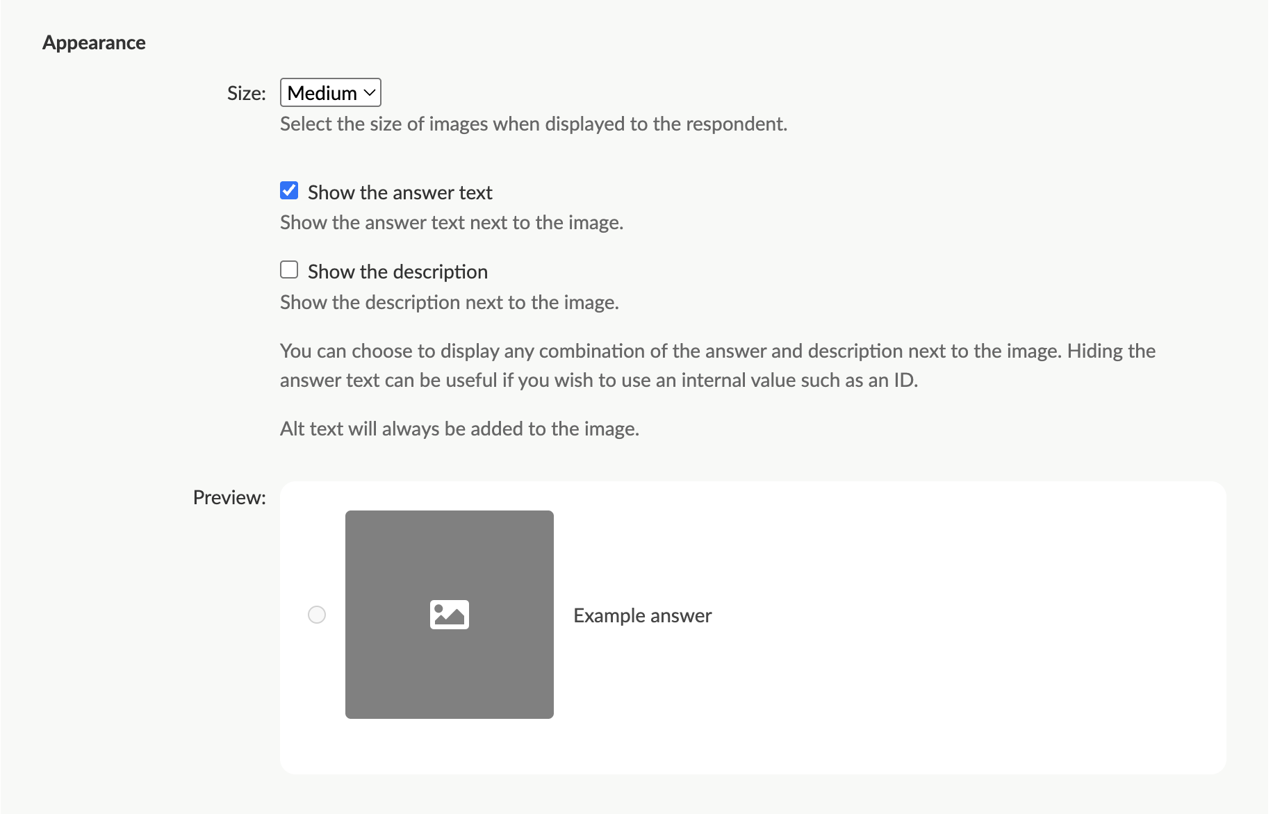 Admin screen for image choice answer component, the appearance settings section where you can choose the display size for the images, which text (if any) to show, along with a preview of size and shown text selected.
