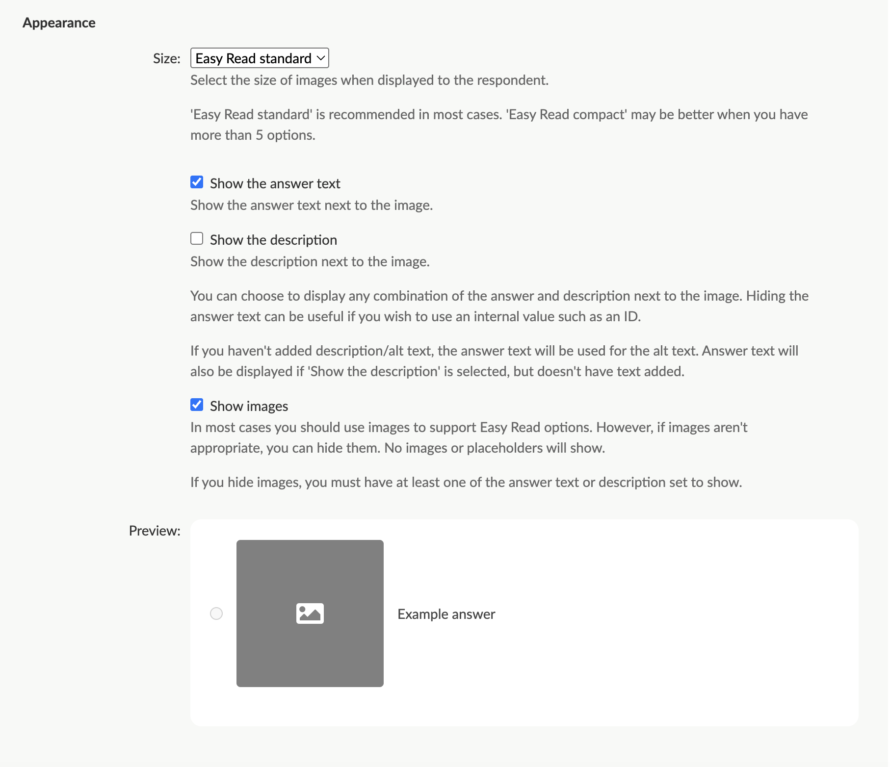 Admin screen for easy read radio buttons or checkboxes answer component, the appearance settings section where you can choose the display size for the images, which text (if any) to show, along with a preview of size and shown text selected.