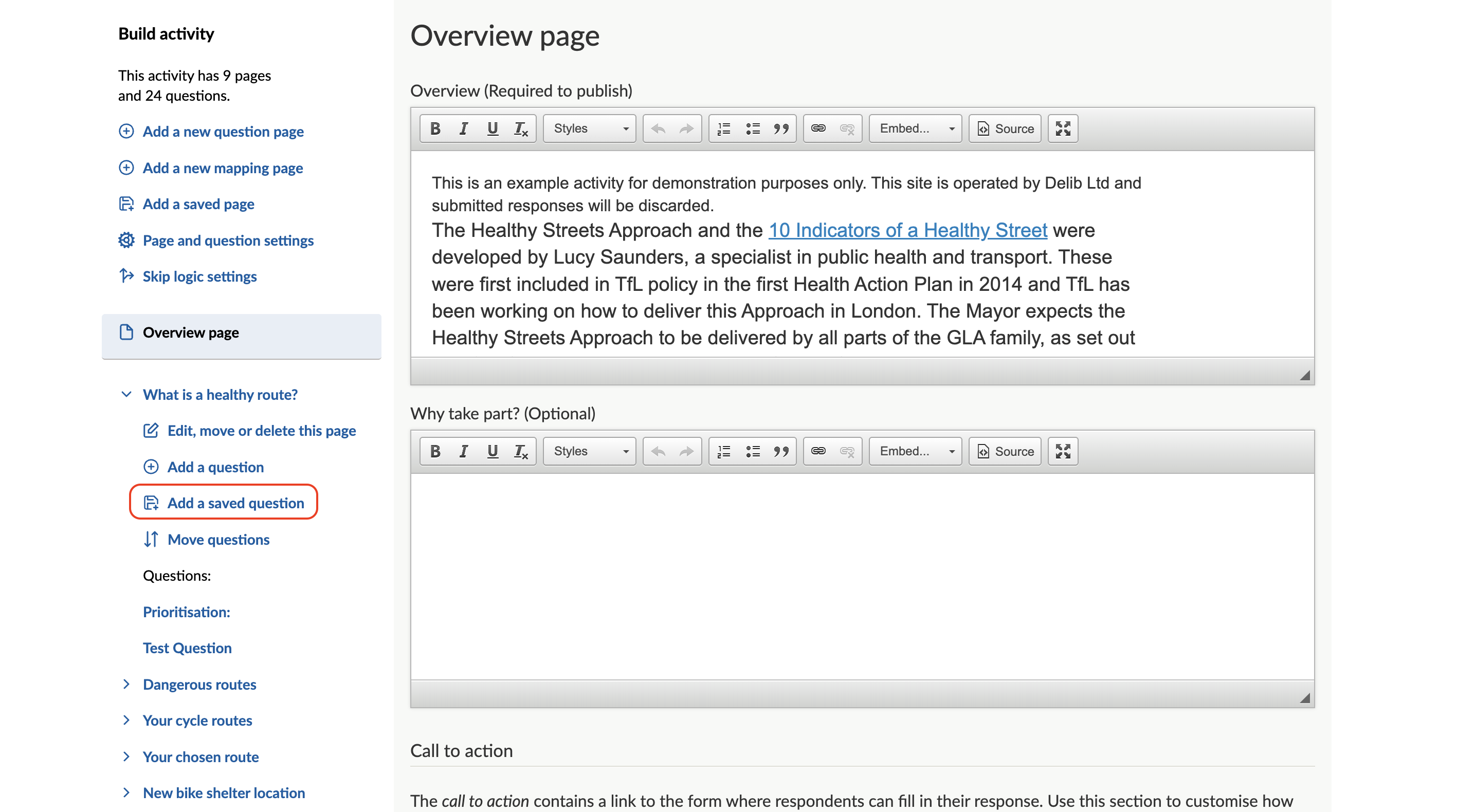 Screenshot showing the Add a saved question link in the sidebar highlighted.