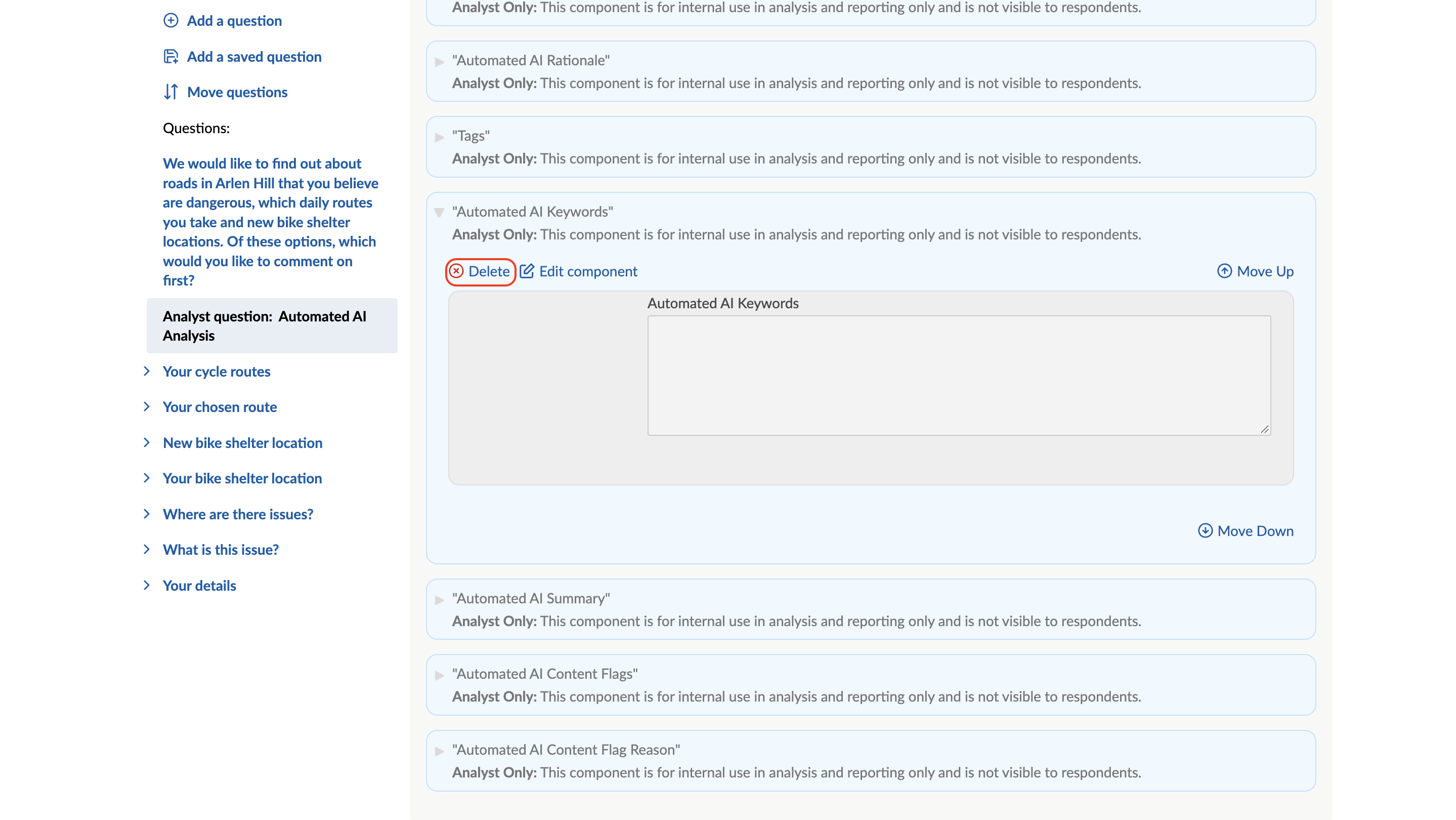 Screenshot showing how to delete a question component for an Automated AI question.