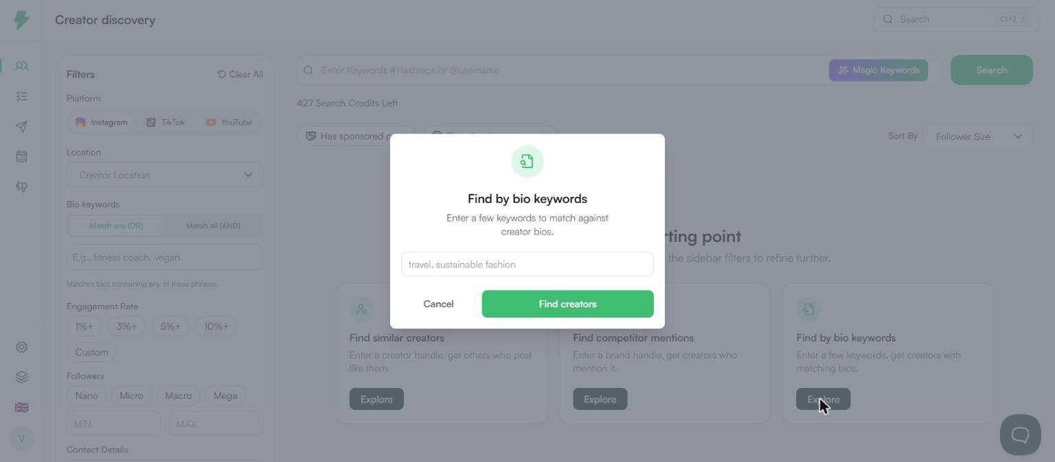Find by bio keywords dialog