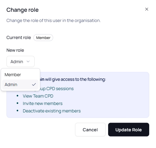 Change role dialog with Admin selected and the Update Role button