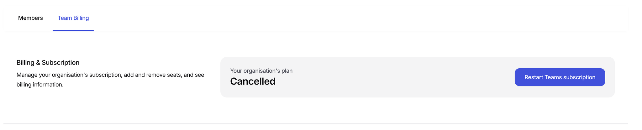 Team Billing page with Restart Teams subscription button