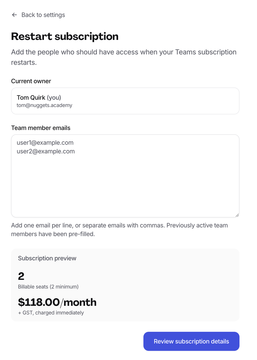 Restart subscription review screen