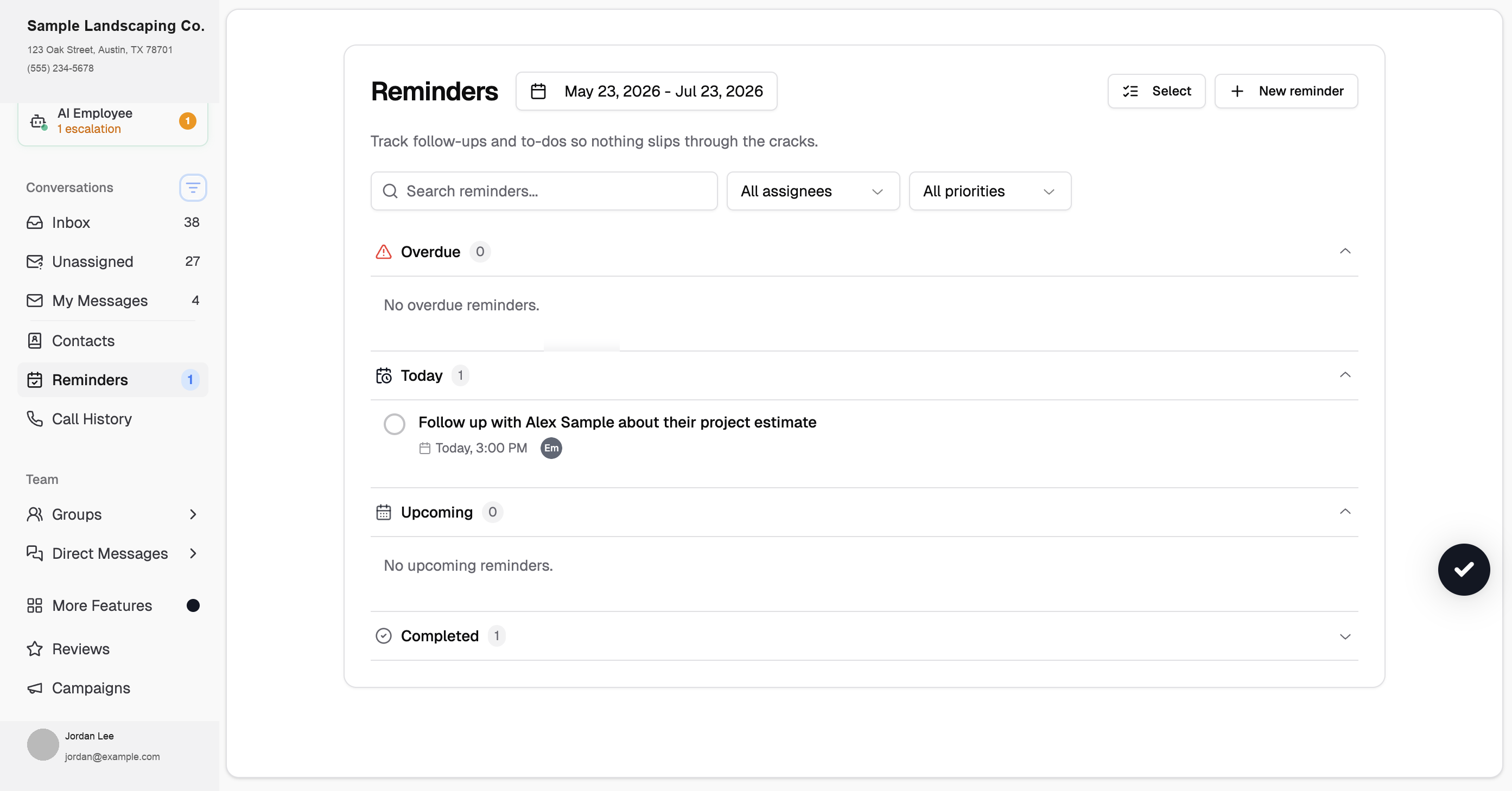 Reminders page with Overdue, Today, and Upcoming sections