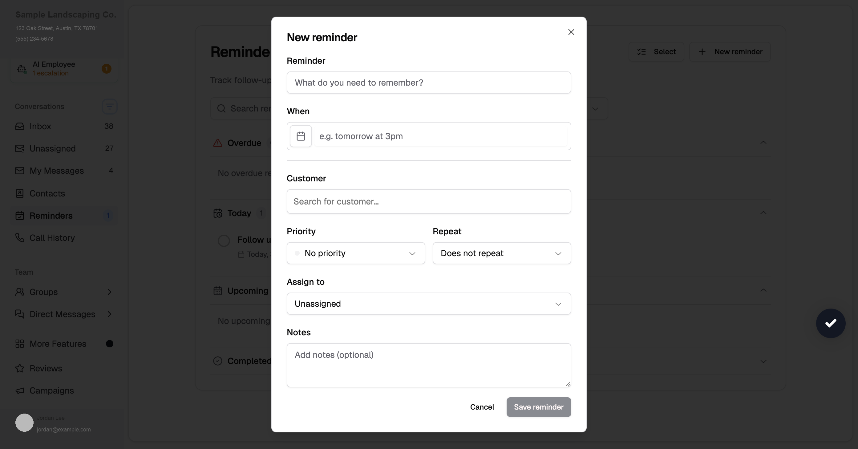 New reminder form with priority, repeat, assignee, and notes