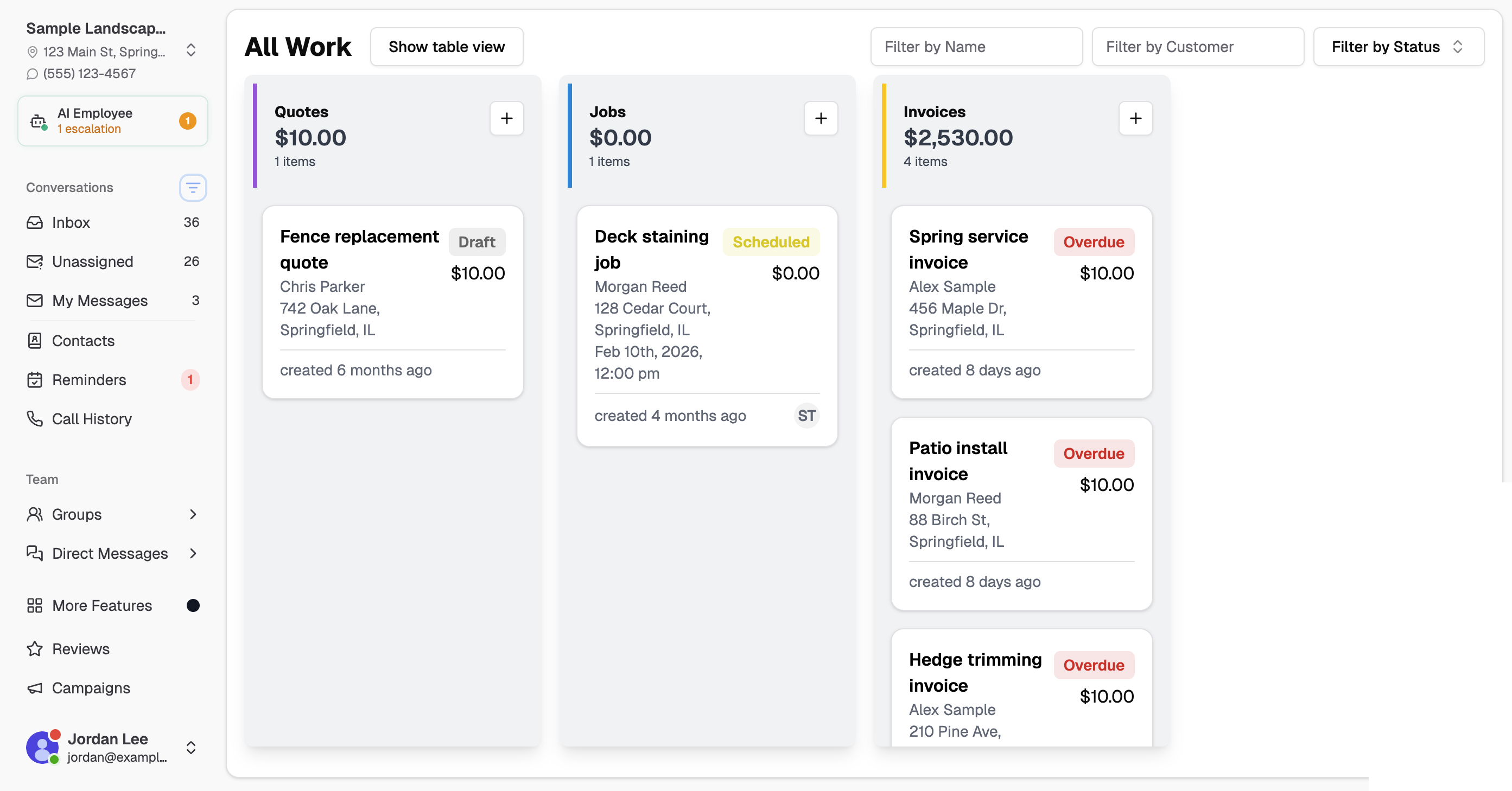 All Work column view with Quotes, Jobs, and Invoices columns