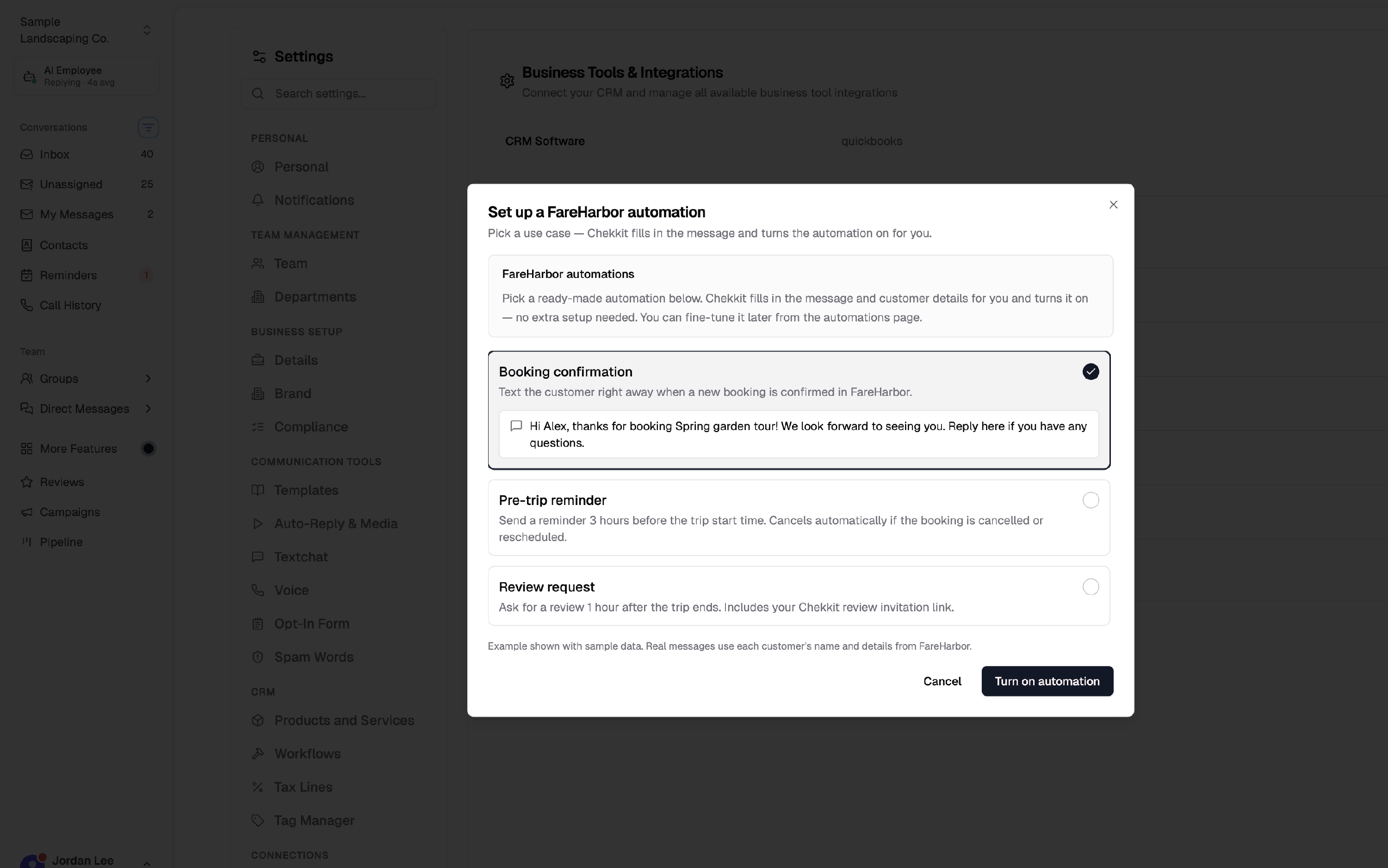 FareHarbor quick-setup automation templates: booking confirmation, pre-trip reminder, and review request