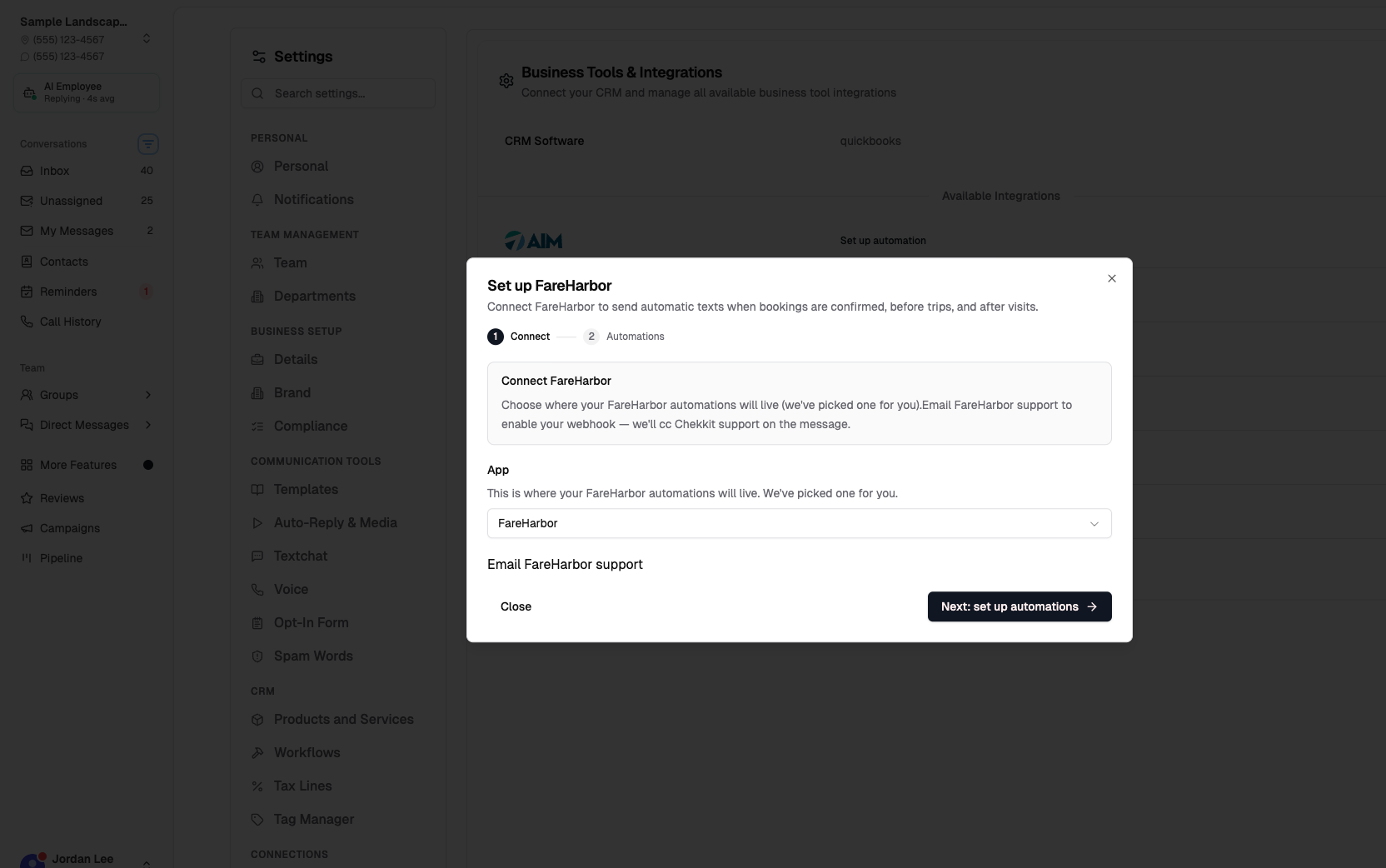 FareHarbor connect dialog with app picker and Email FareHarbor support button