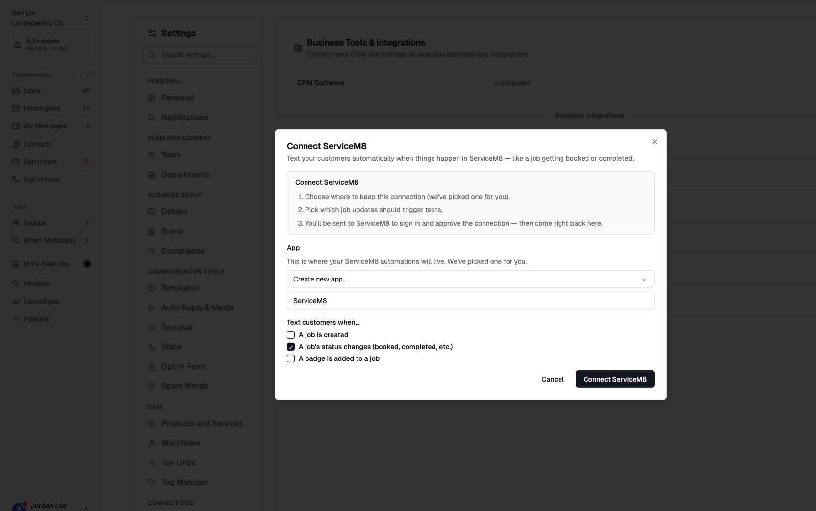 ServiceM8 connect dialog with job trigger checkboxes and Connect ServiceM8 button