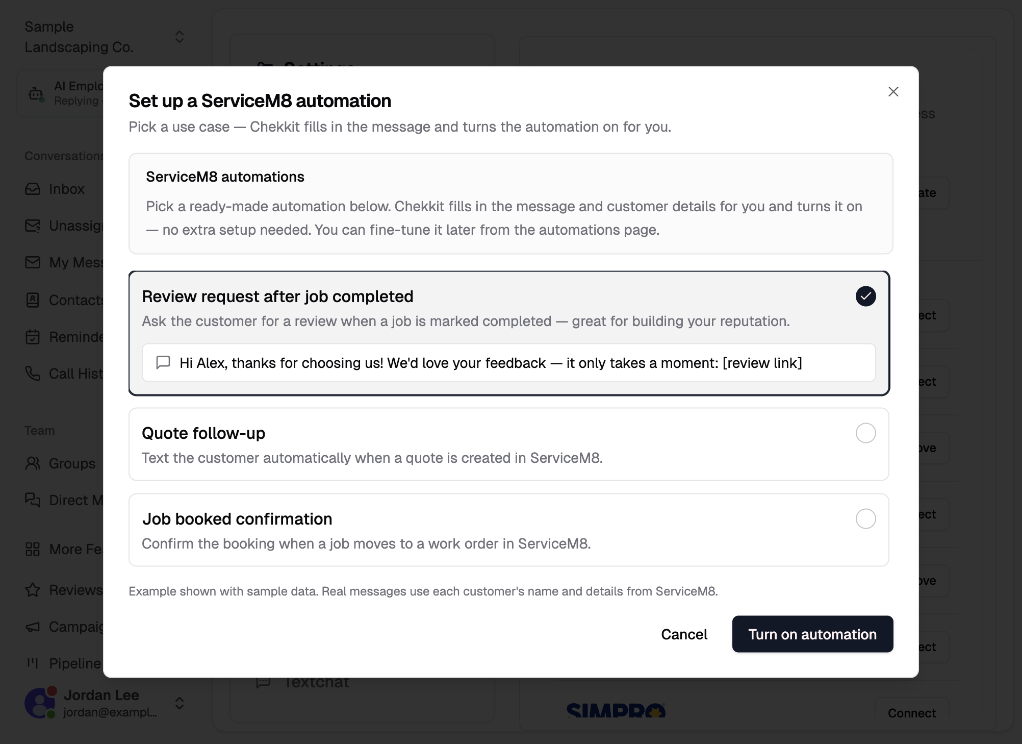 ServiceM8 quick-setup automation templates: review request, quote follow-up, and job booked confirmation