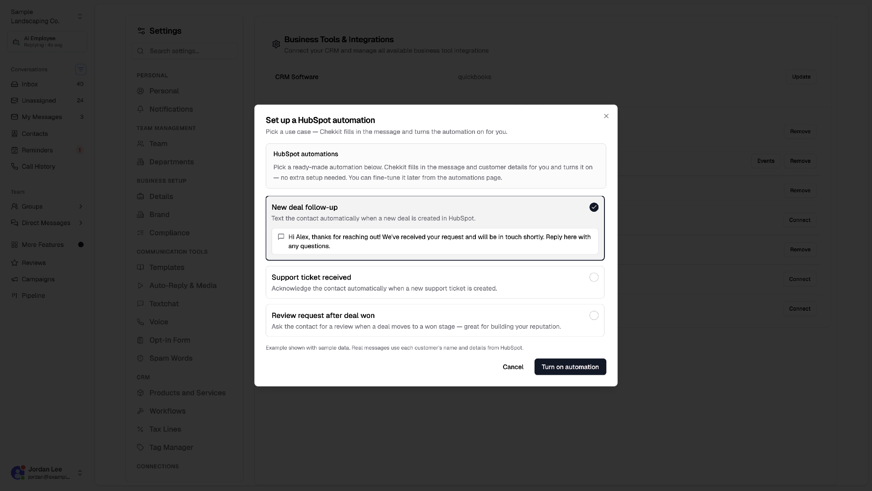 HubSpot quick-setup automation templates: new deal follow-up, support ticket received, and review request after deal won