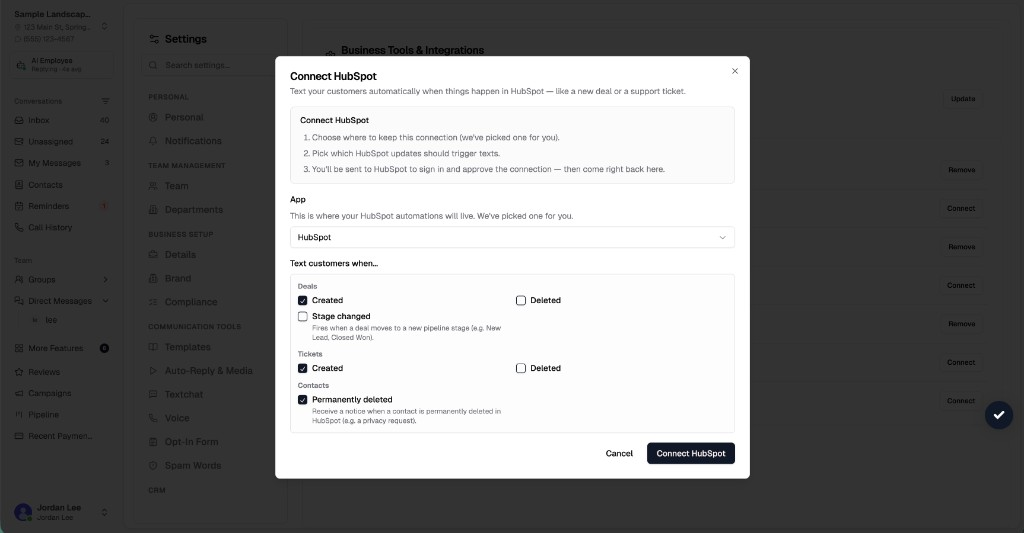 HubSpot connect dialog with deal, ticket, and contact update checkboxes and Connect HubSpot button