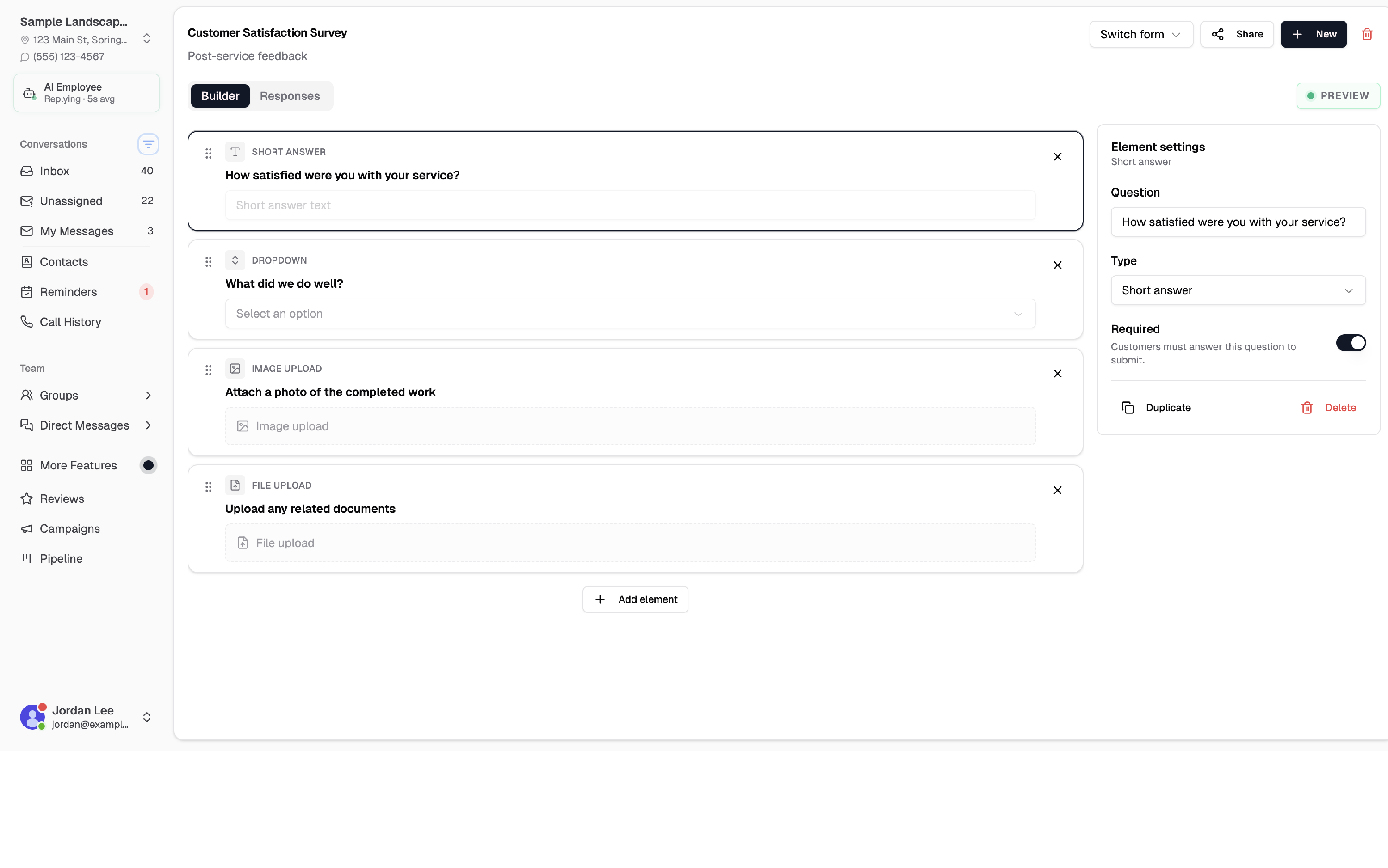 Chekkit forms builder showing the form picker, Builder and Responses tabs, and question list