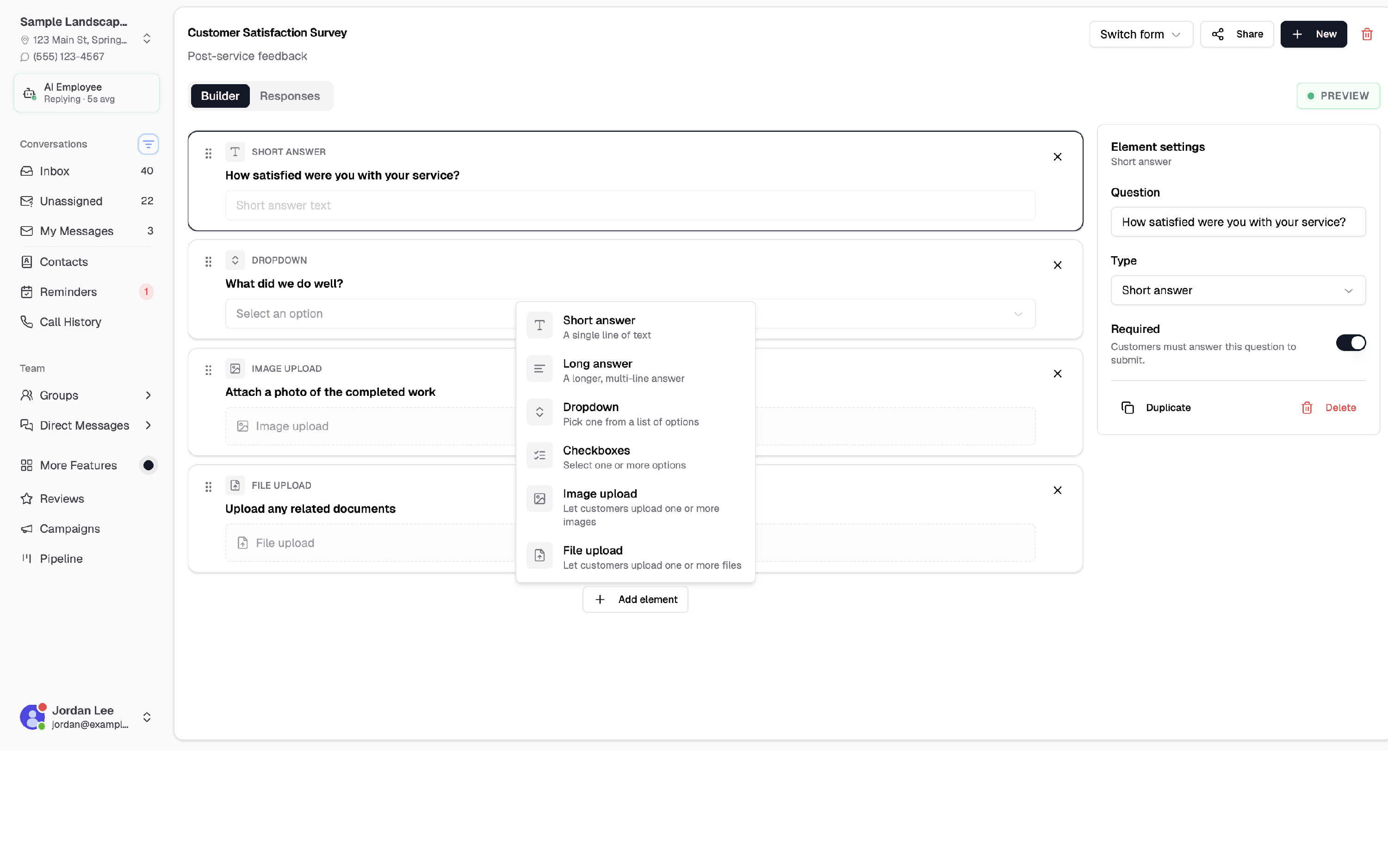 Add element menu showing the available form field types