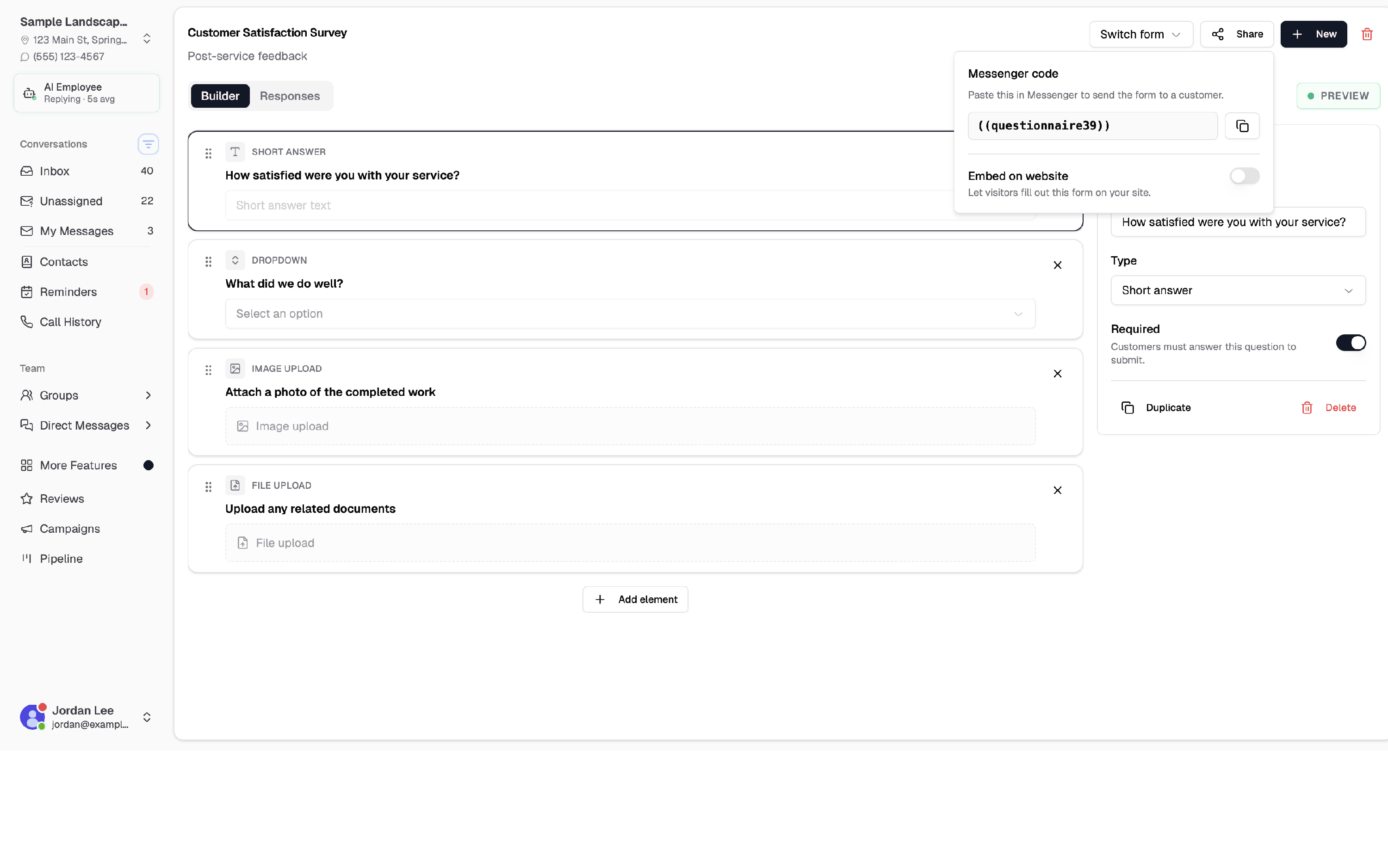 Share popover showing the Messenger code for a form