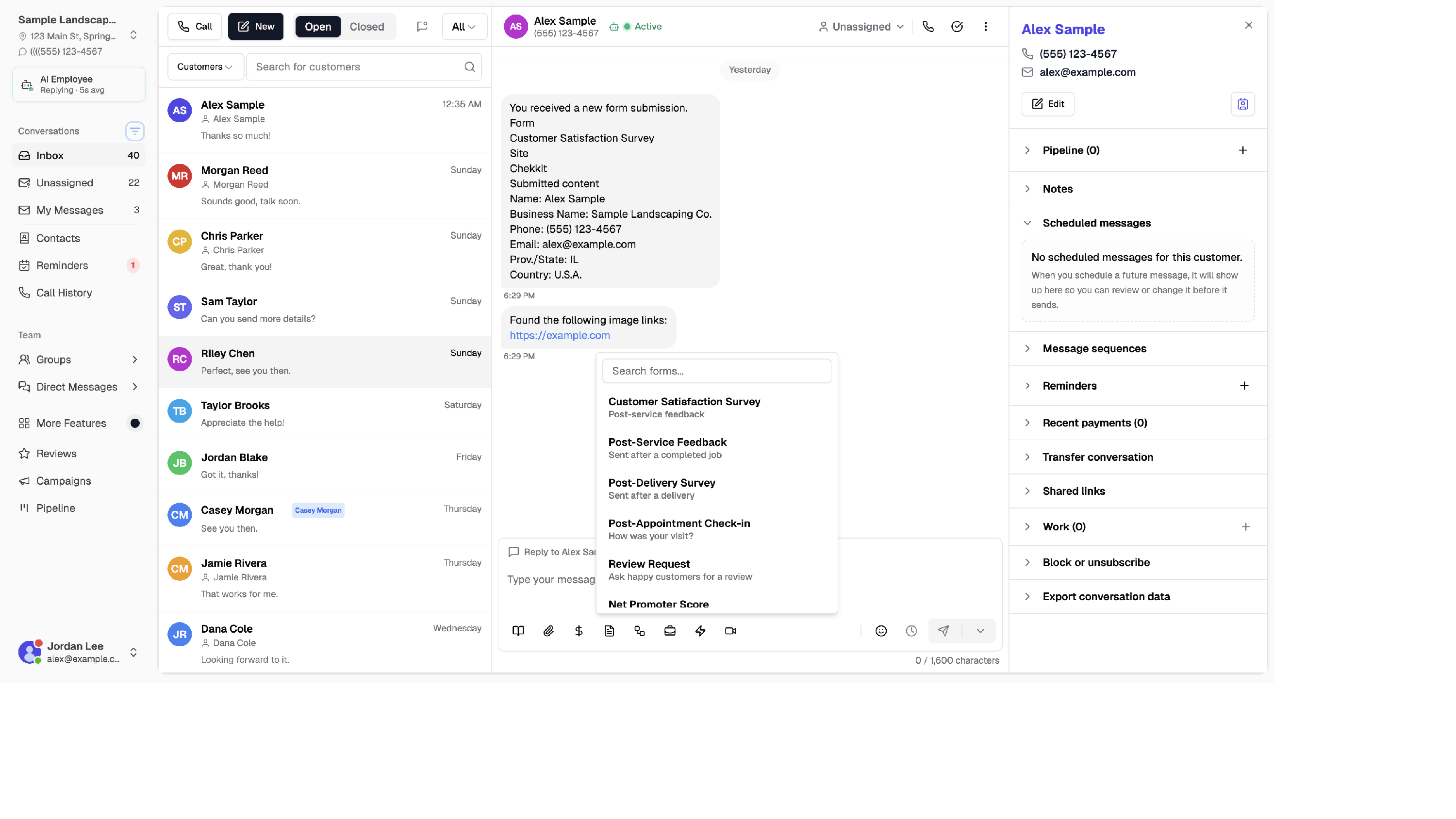 Attach form picker open in a Messenger conversation