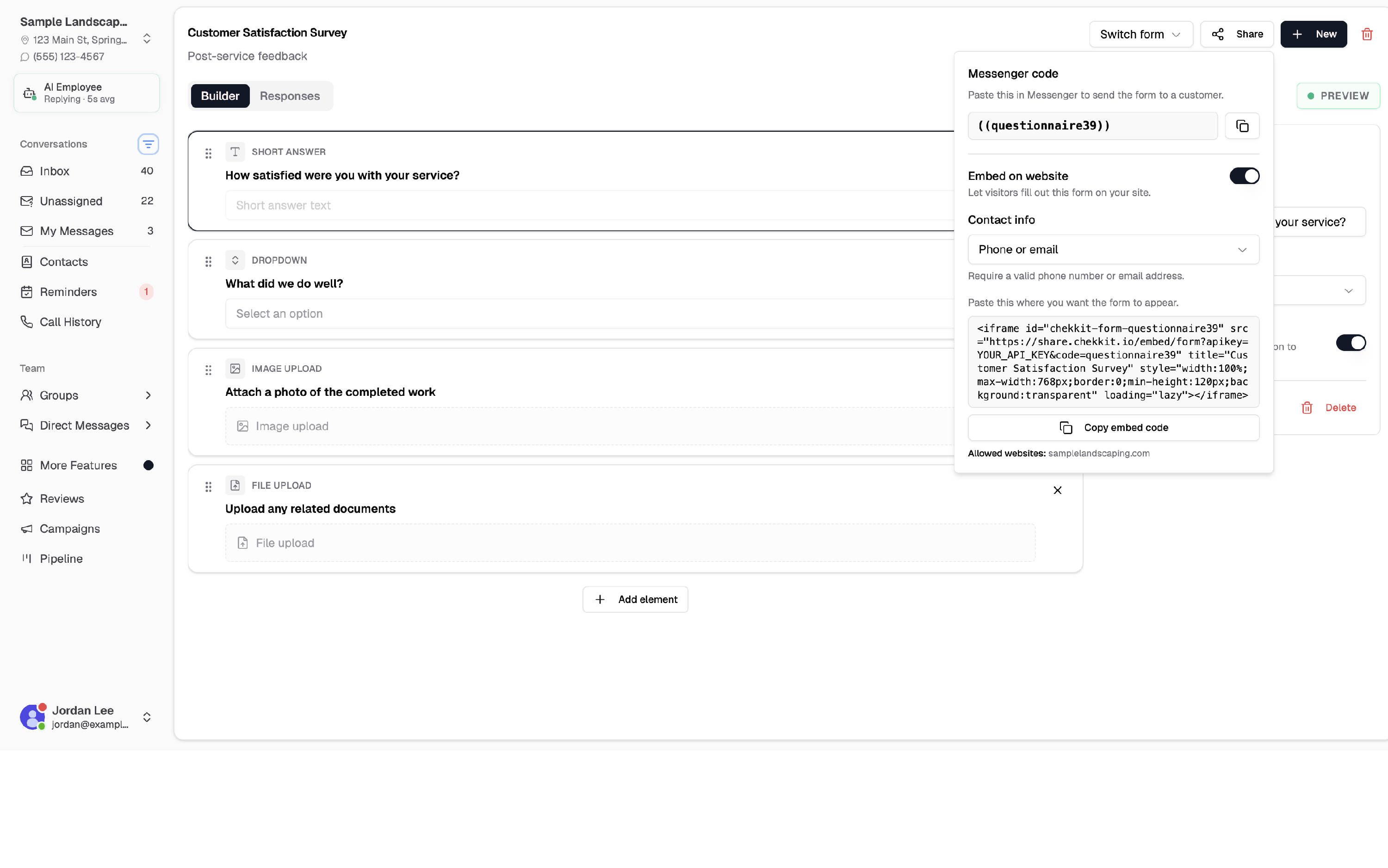 Share popover with Embed on website enabled and contact info options