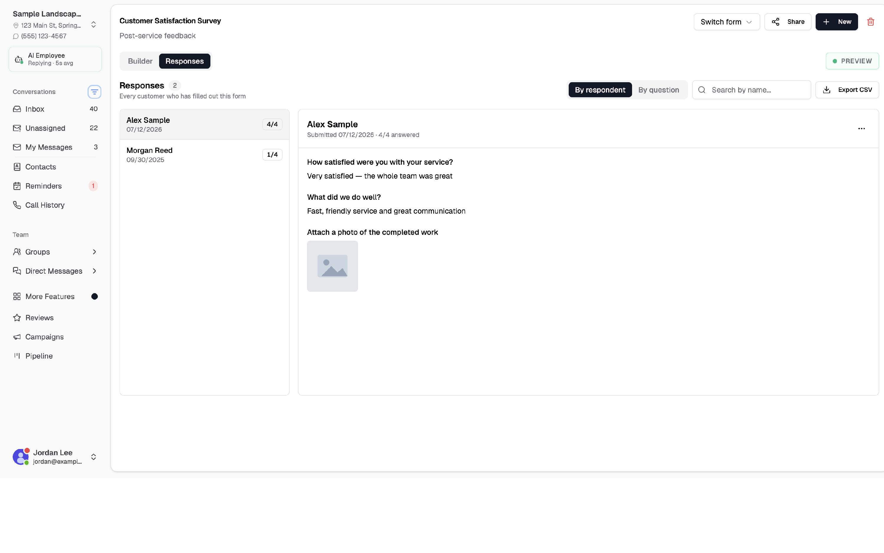 Responses tab showing submissions by respondent with Export CSV