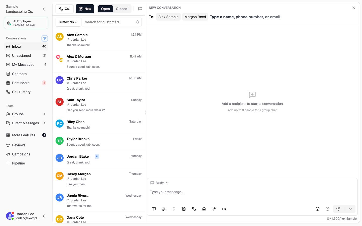 New conversation compose screen with two recipient chips in the To field