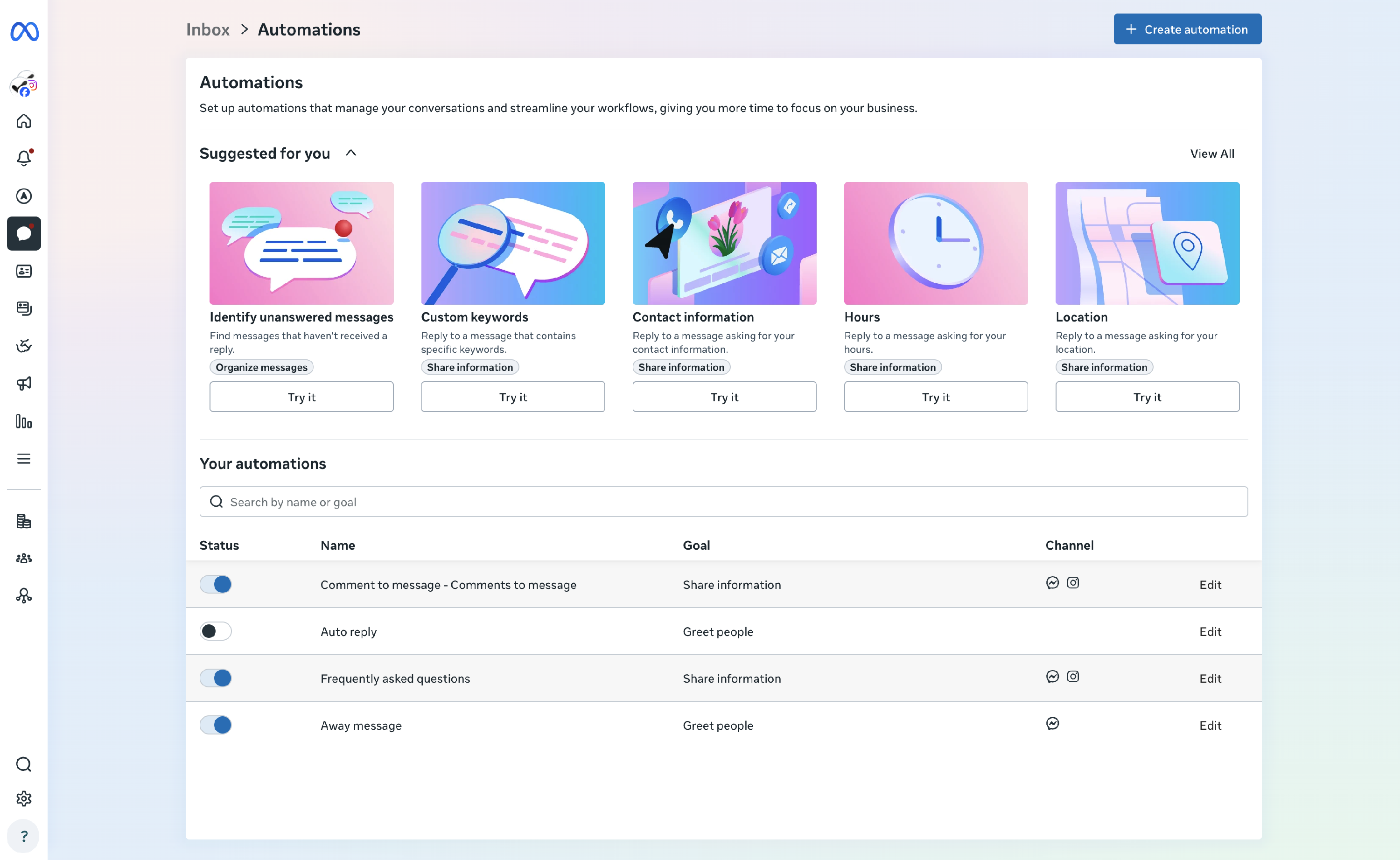 Your automations list showing Auto reply and Away message