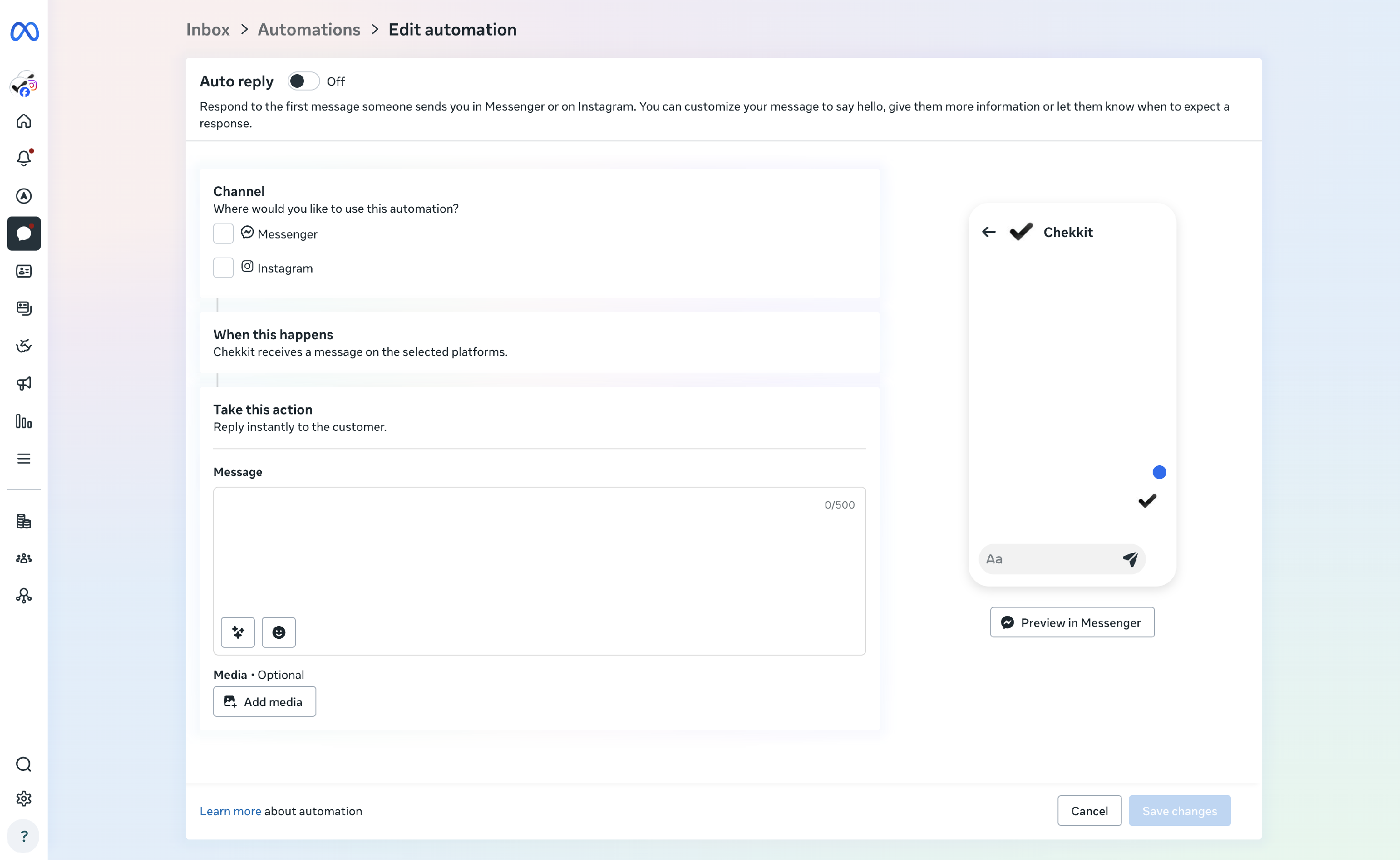 Edit Auto reply automation with Off toggle