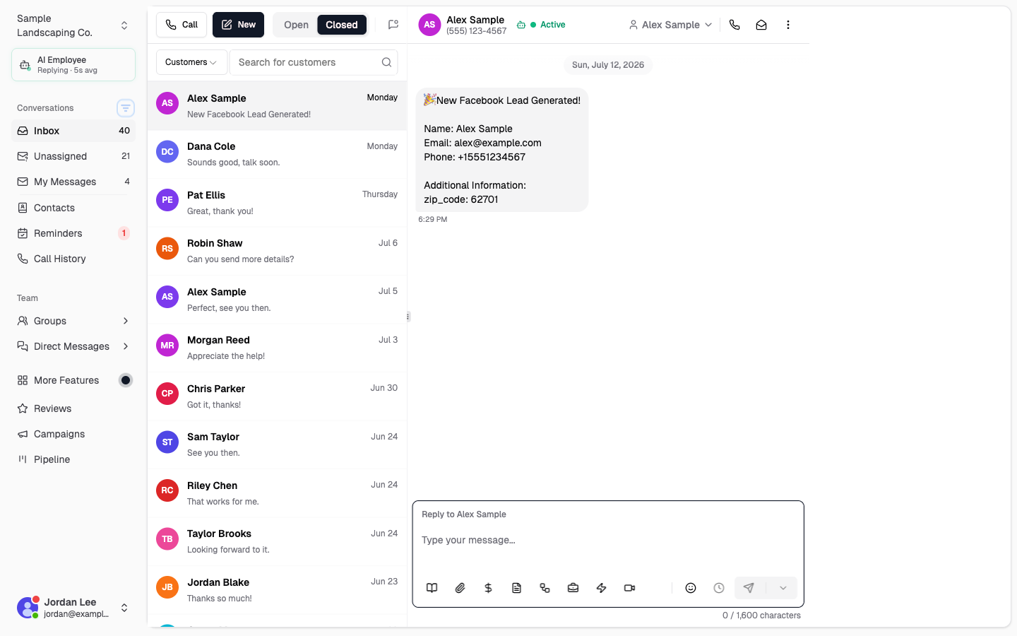 Inbox message showing New Facebook Lead Generated with sample contact details