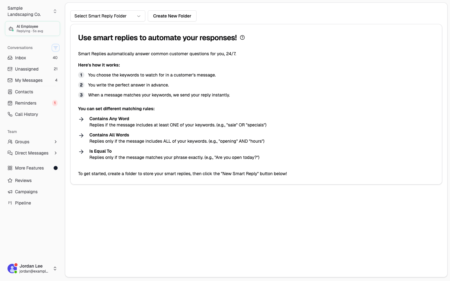 Smart Replies page in Chekkit Automations