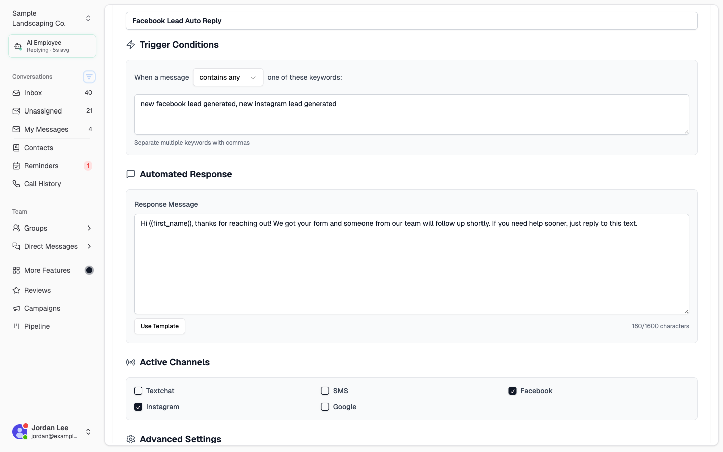 Smart Reply trigger form filled for Facebook and Instagram lead phrases