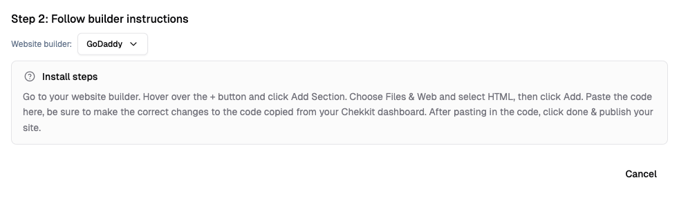 Choose GoDaddy in the Textchat Code dialog