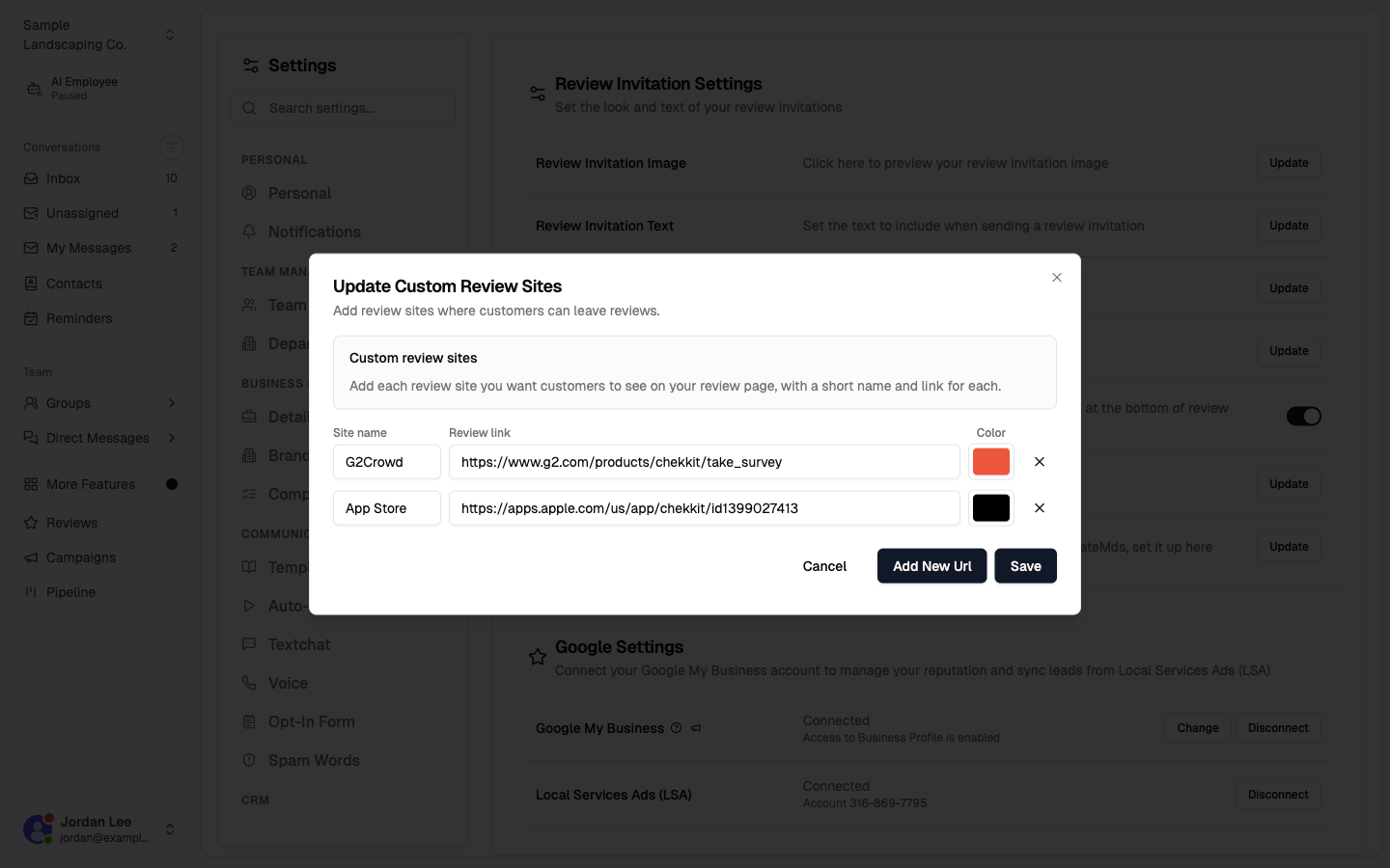 Update Custom Review Sites dialog with Add New Url and Save
