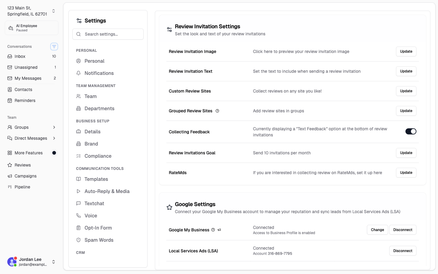 Settings Review page with Custom Review Sites Update button