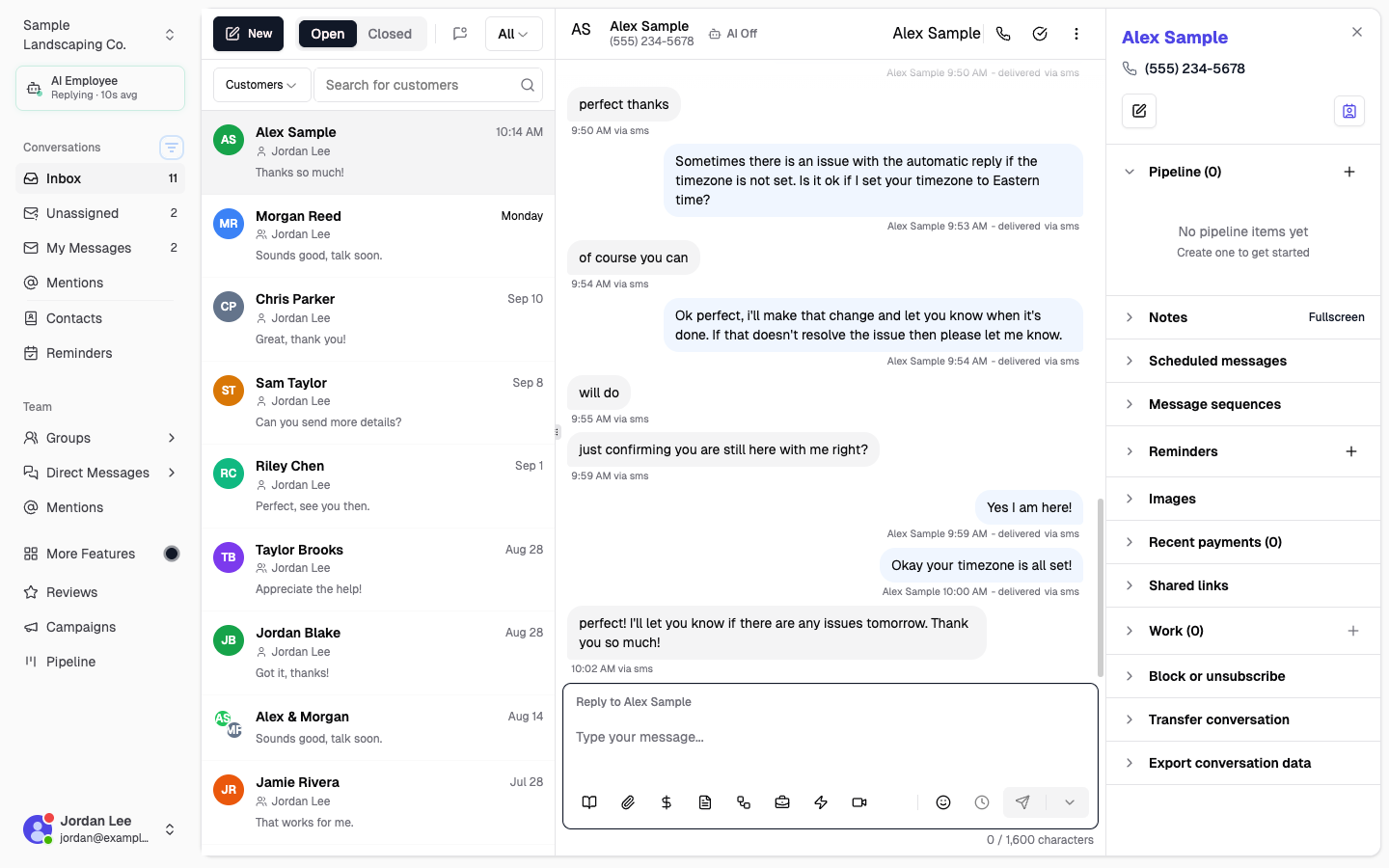 Open conversation with the Pipeline section and plus button in the contact details