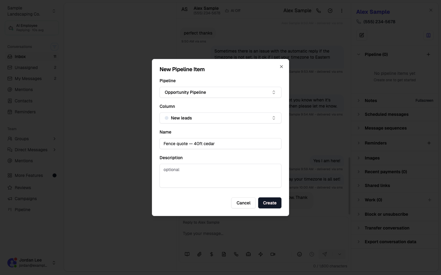 New Pipeline Item dialog with pipeline, column, name, and create button