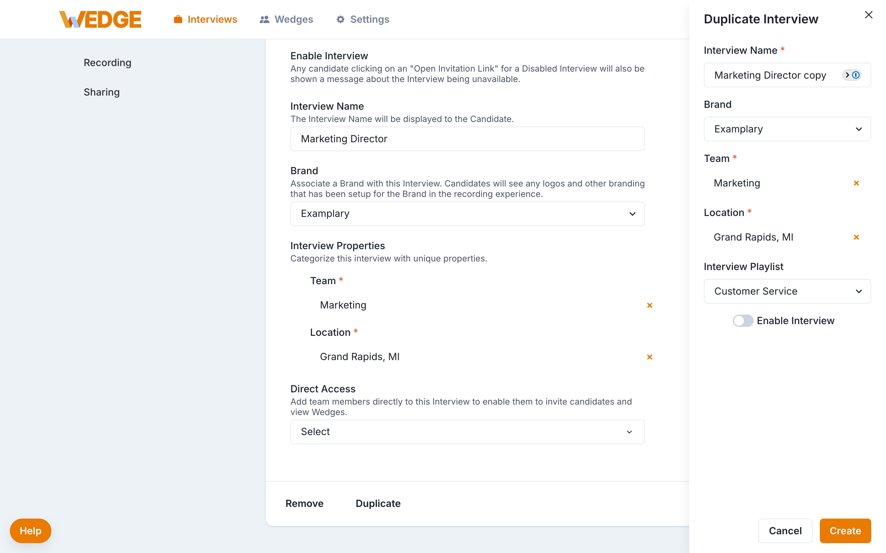 Duplicate Interview panel showing pre-filled fields and Create button