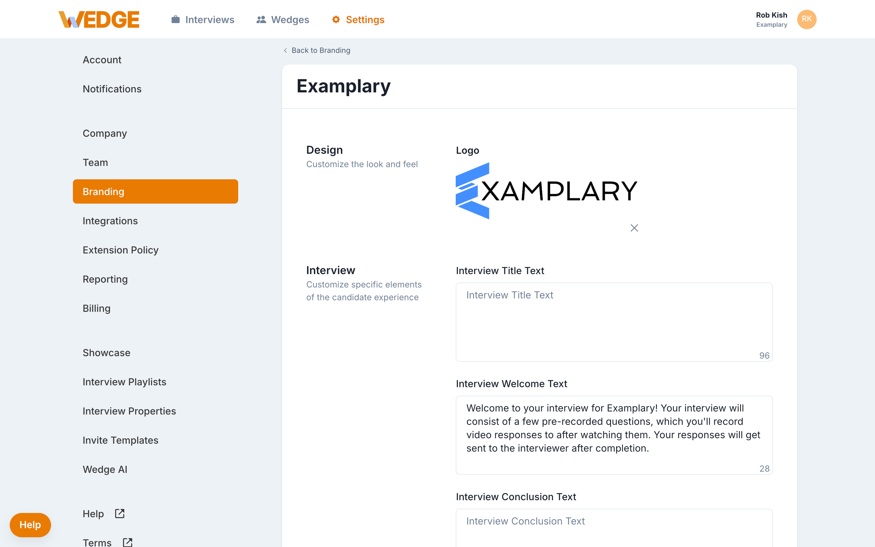 The Wedge Branding settings page showing the Design section with a company logo uploaded, and the Interview section with fields for Interview Title Text, Interview Welcome Text, and Interview Conclusion Text.