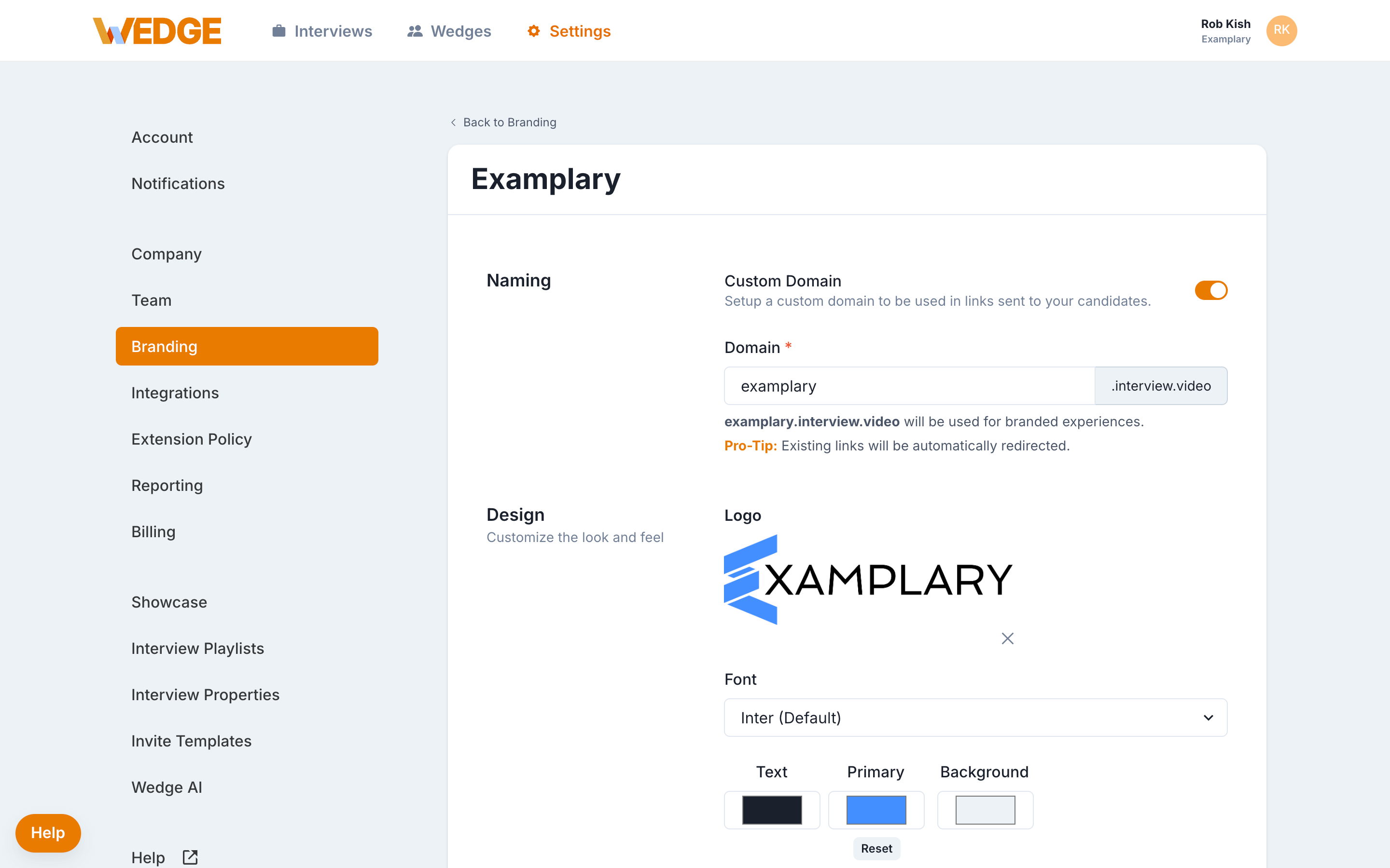 The Wedge enhanced Branding settings page showing the Naming section with Custom Domain toggled on, and the Design section with a company logo, font selector set to Inter, and color pickers for Text, Primary, and Background colors.