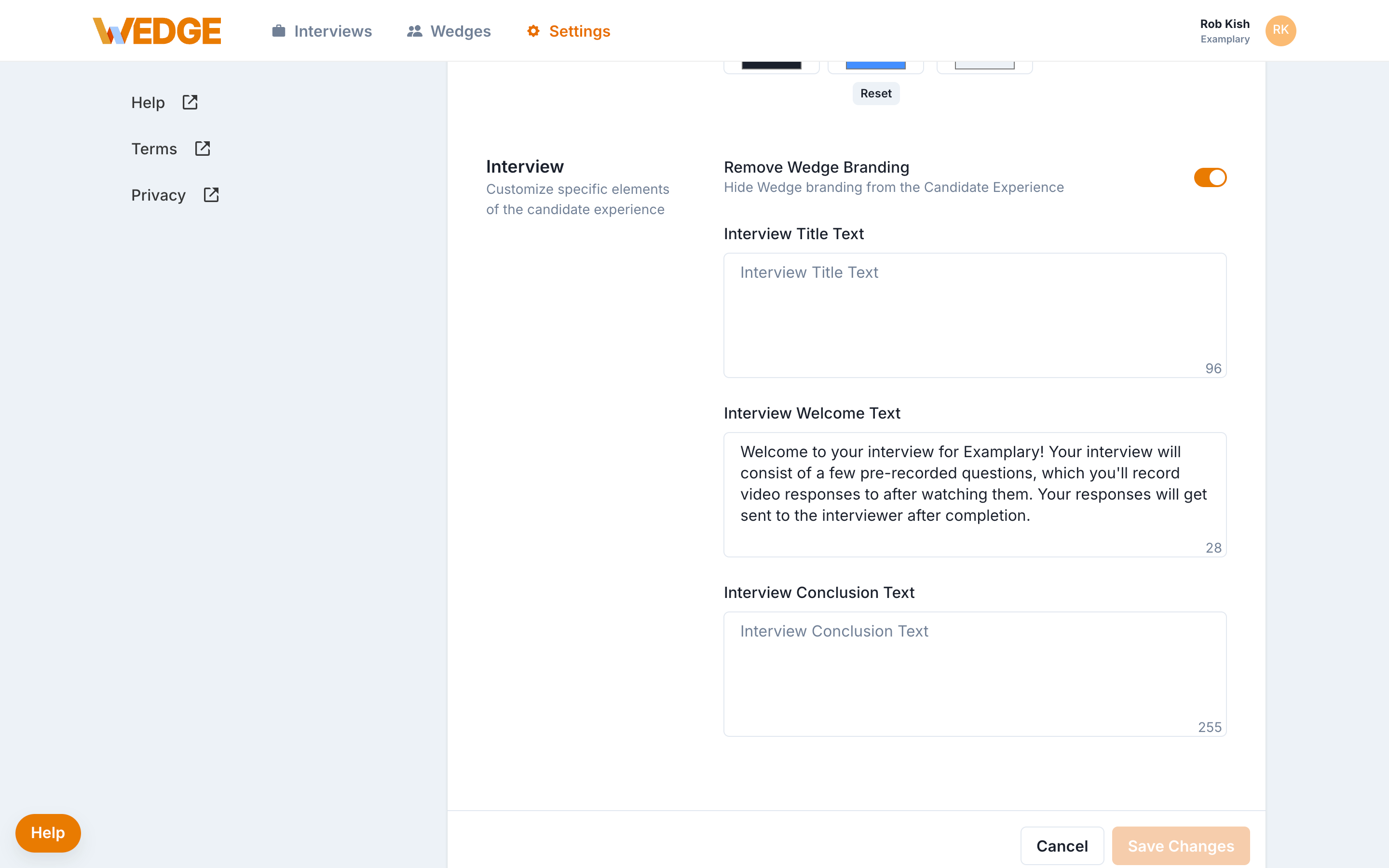 The bottom portion of the Wedge enhanced Branding settings page showing the Remove Wedge Branding toggle switched on, along with the Interview section fields for Interview Title Text, Interview Welcome Text, and Interview Conclusion Text.