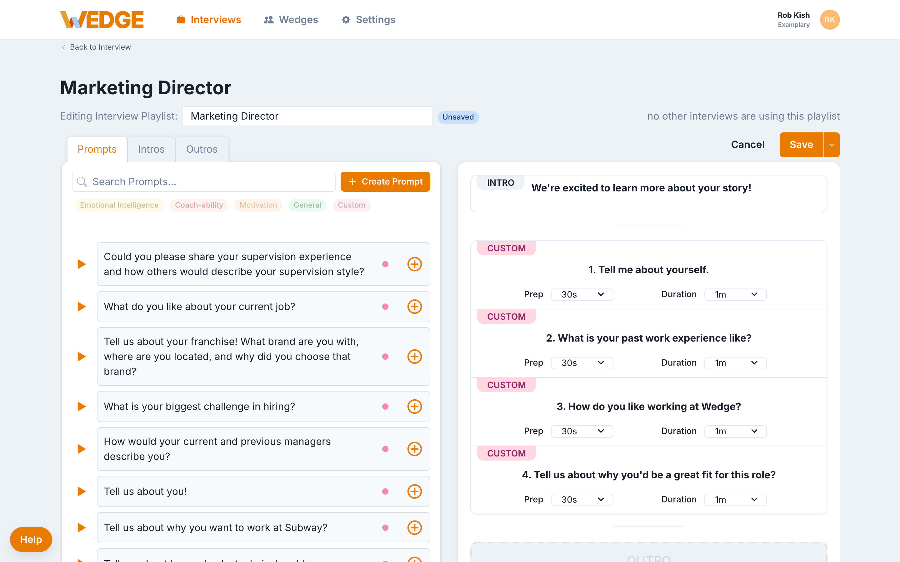 The WedgeHR Prompts page showing the question library on the left with category filters and a list of available prompts, and the interview playlist on the right with custom questions added to the lineup.