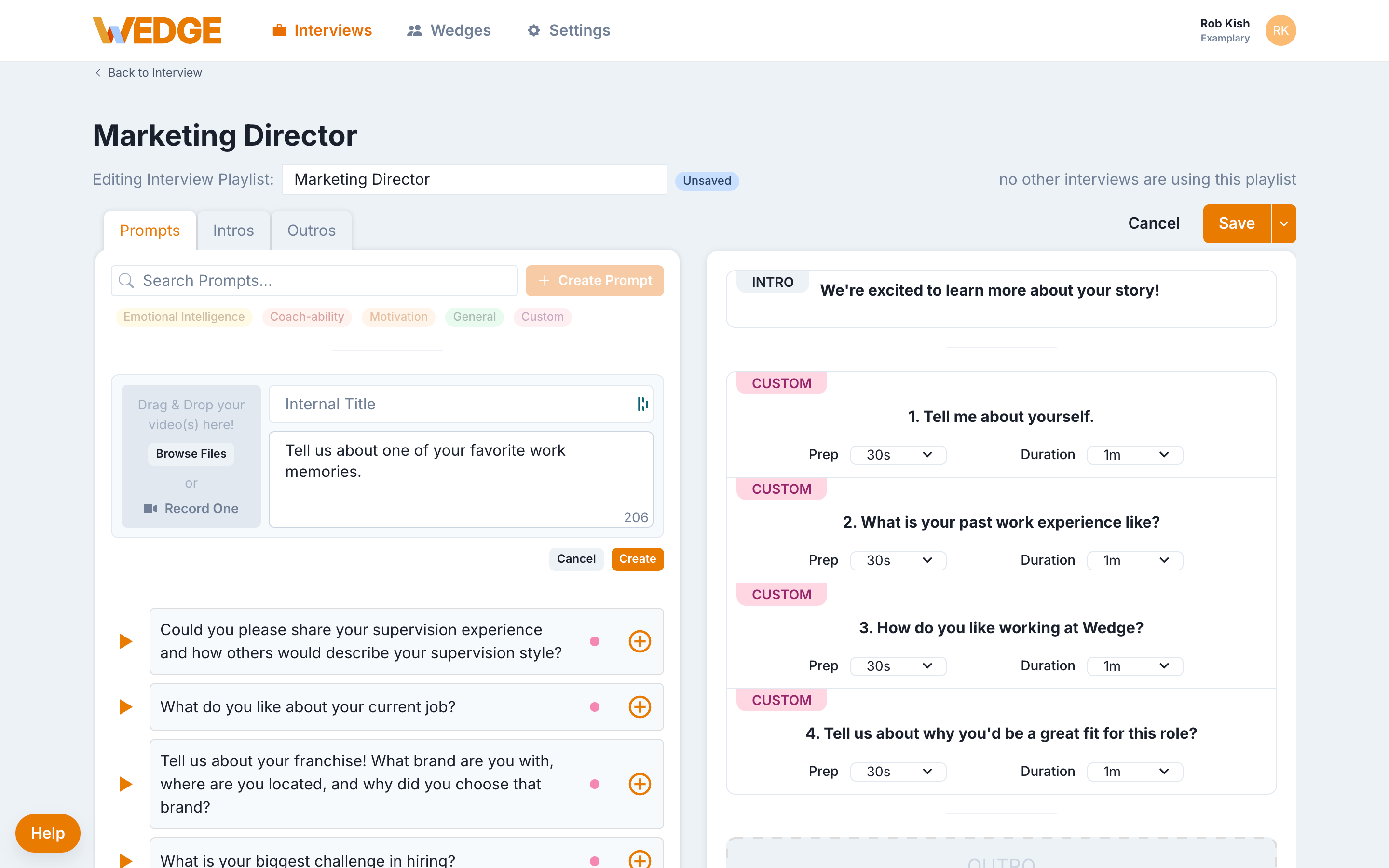 The Create Prompt form showing an Internal Title field and a Prompt Text field with a sample question entered. A character count of 206 is displayed below the text field, with Cancel and Create buttons.