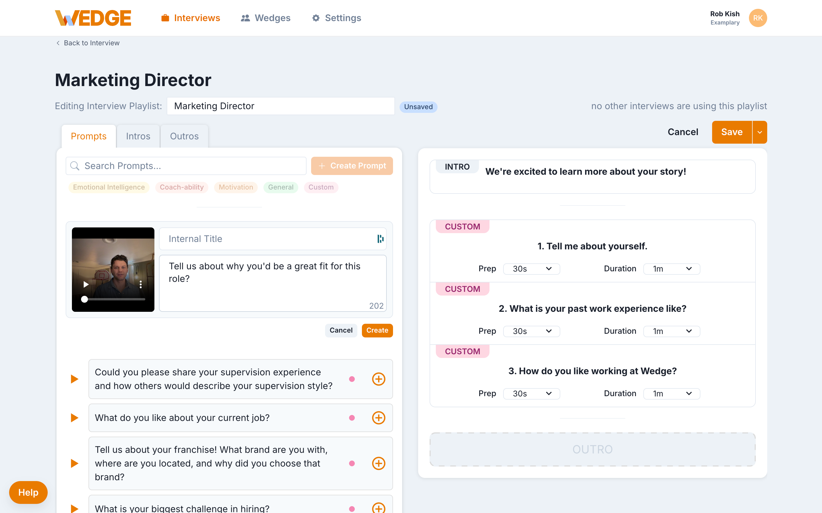 The Create Prompt form with a recorded video thumbnail on the left showing the recorded clip, and the Prompt Text field filled in with the question text on the right.