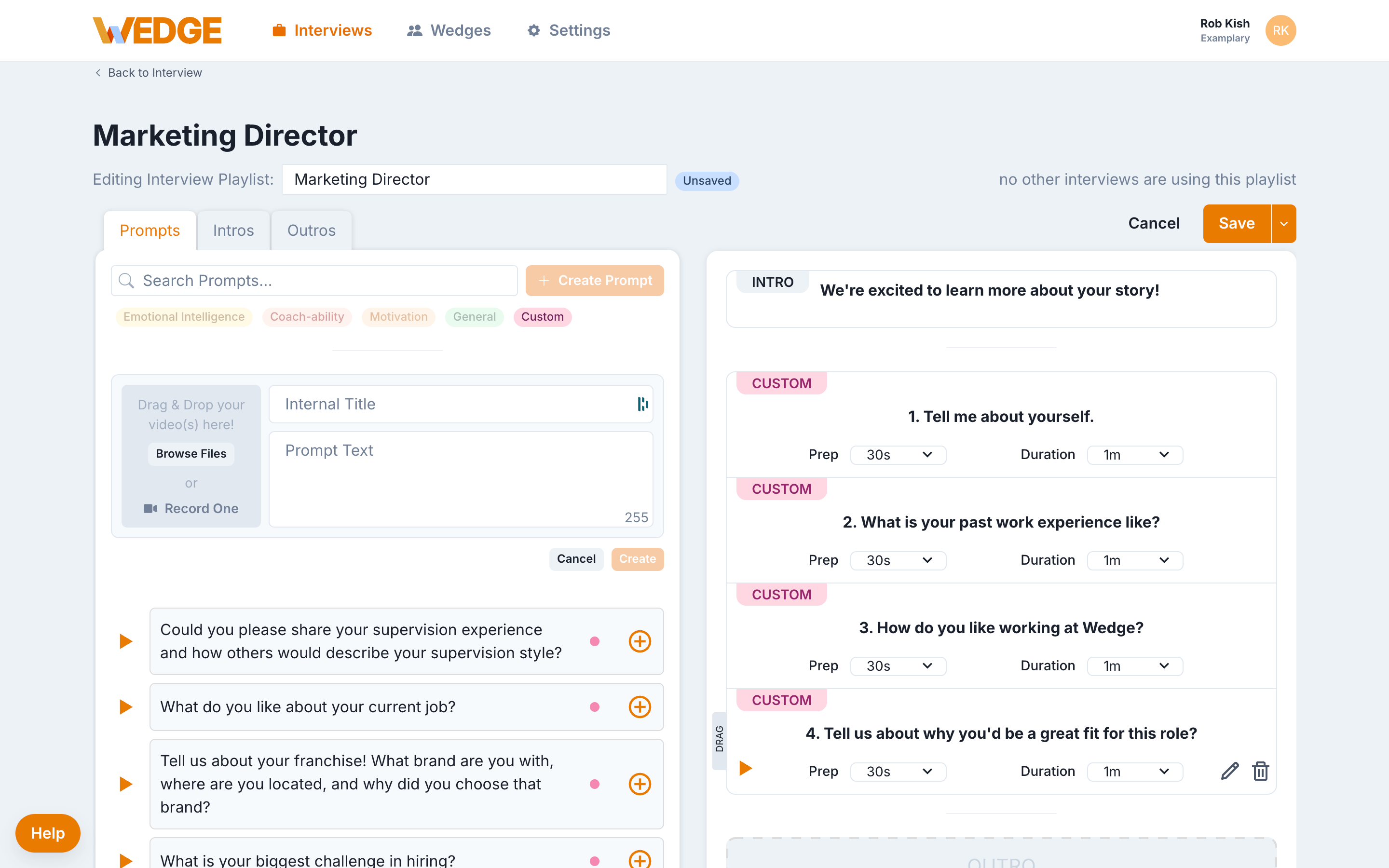 A custom question in the interview playlist with the edit pencil icon and delete trash icon visible on hover.