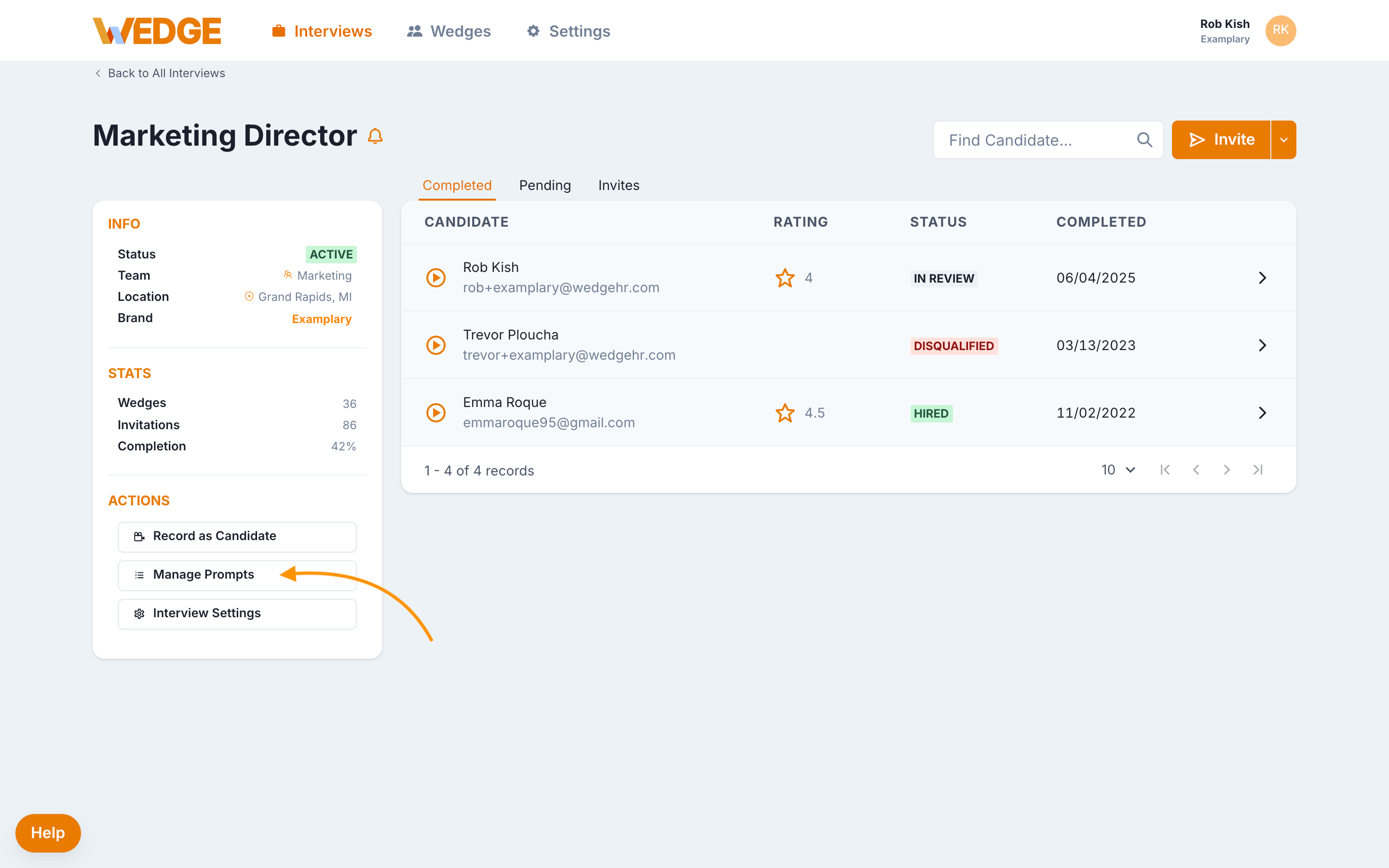 The WedgeHR Interview Detail page for a Marketing Director interview. An orange arrow points to the Manage Prompts button in the sidebar under Actions.