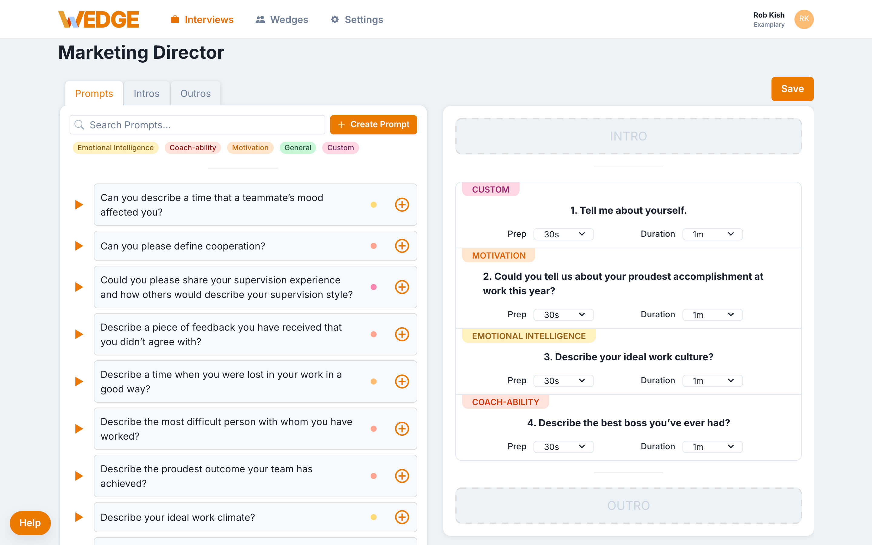 The WedgeHR question library showing the Prompts tab. The left side displays a list of questions with category filter buttons for Emotional Intelligence, Coach-ability, Motivation, General, and Custom. The right side shows the question lineup with four numbered questions, each showing a category label, prep time, and duration settings.