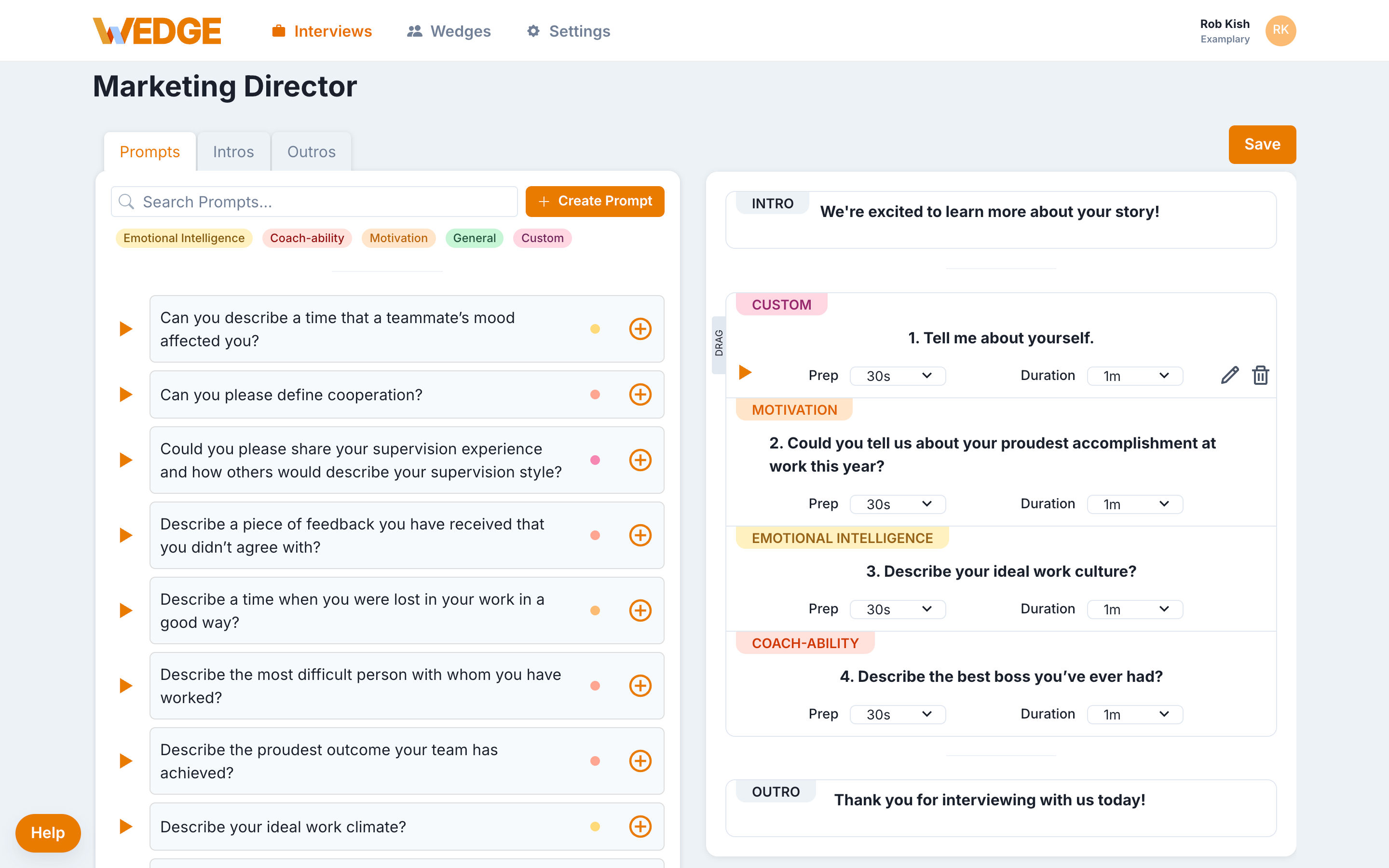 The WedgeHR question library with the Prompts tab active. A question in the lineup on the right shows a drag handle on the left edge, a play button, prep and duration dropdowns, and pencil and trash icons for editing and removing the question.