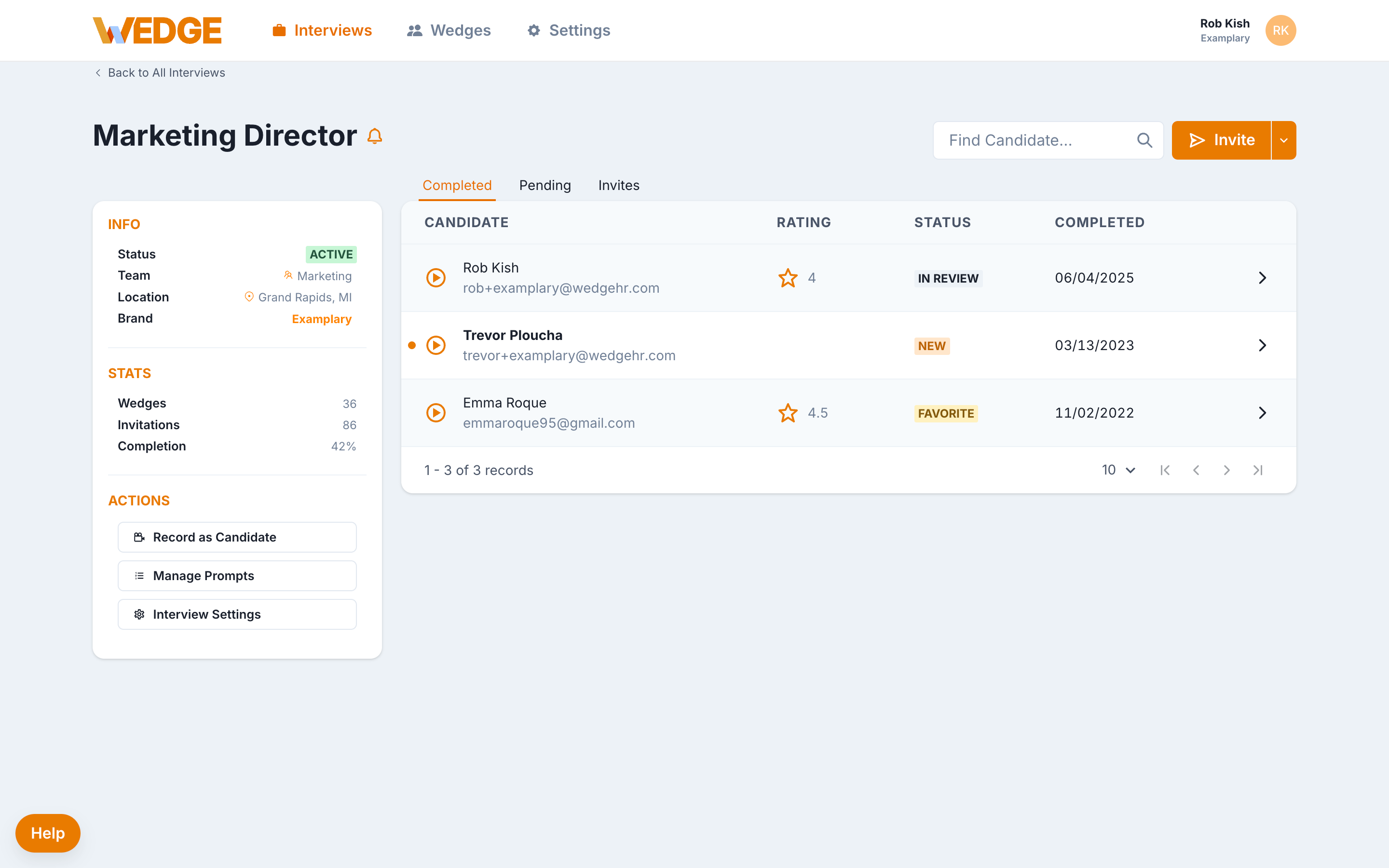 The WedgeHR interview detail page showing a list of candidates with status labels indicating review status..