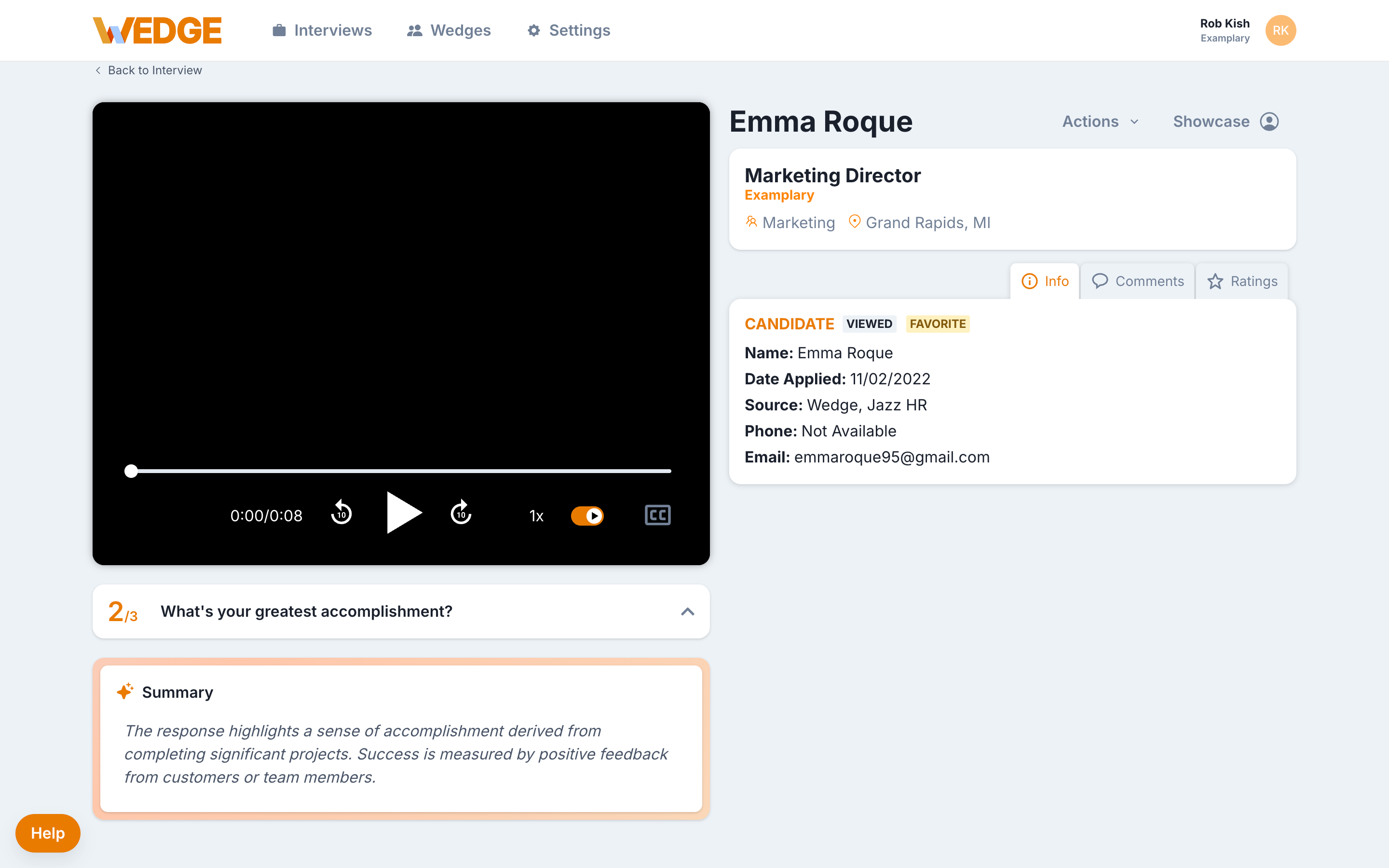 The WedgeHR Candidate Viewer showing a completed candidate interview with the AI summary section expanded.